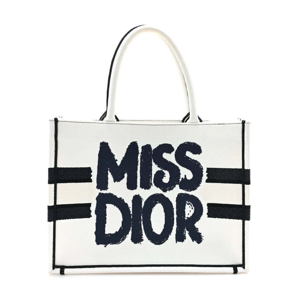 Christian Dior Canvas Embroidered Medium Miss Dior Graffiti Book Tote Navy White