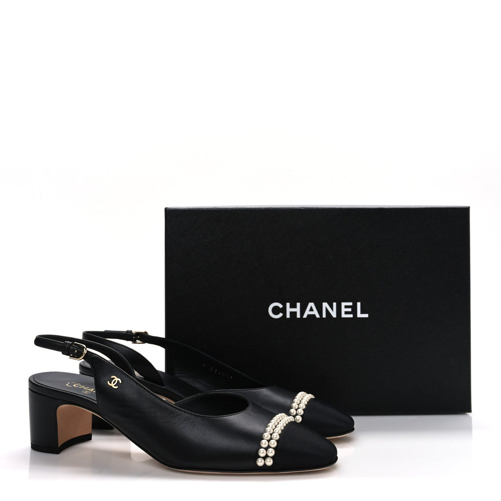 Lambskin Grosgrain Pearl Cap Toe CC Slingback Pumps 40.5 Black