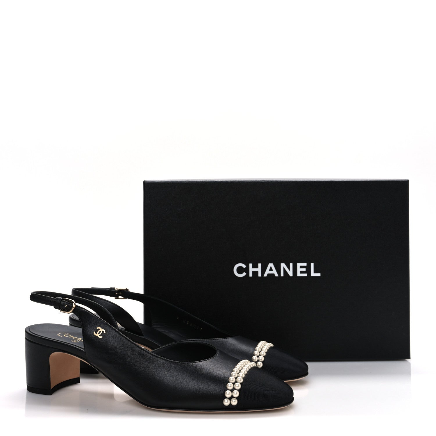 Lambskin Grosgrain Pearl Cap Toe CC Slingback Pumps 40.5 Black