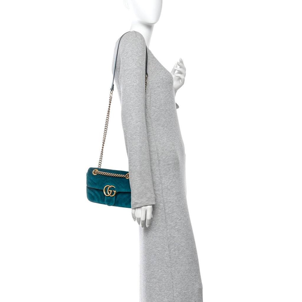 Gucci Velvet Matelasse Mini GG Marmont Shoulder Bag Pavone Cyan