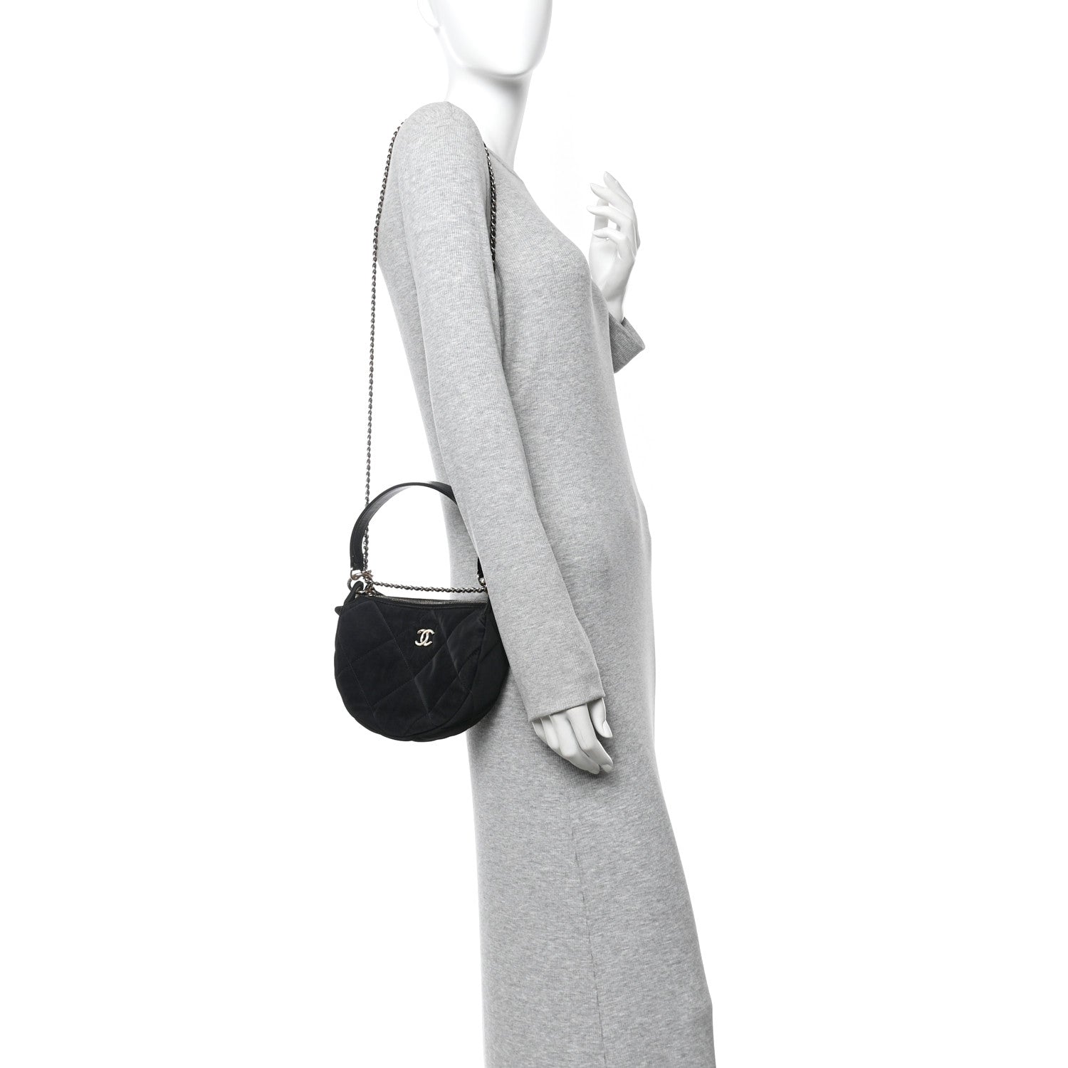 Chanel Velvet Effect Nylon Shiny Crumpled Calfskin Coco Neige Quilted Clutch With Chain Black