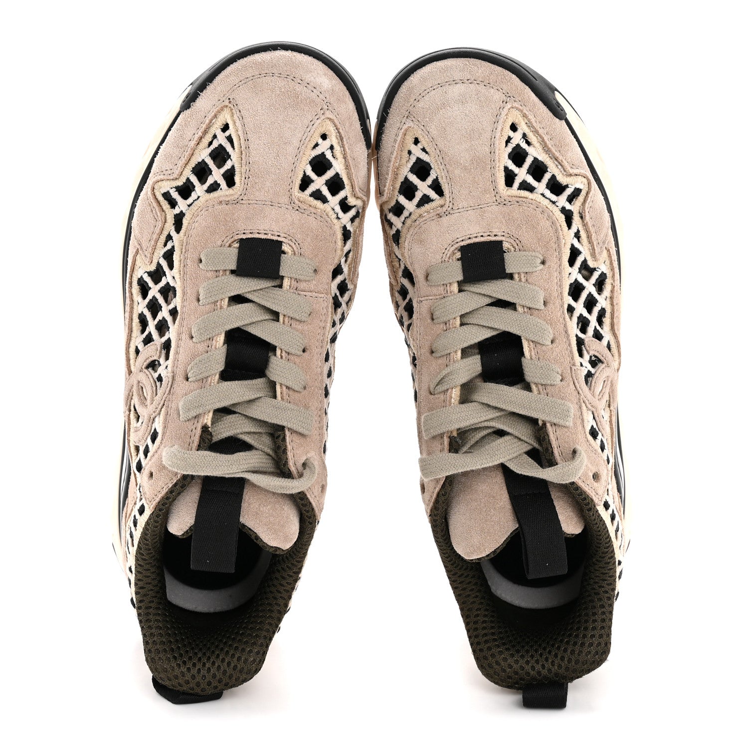 Chanel Suede Calfskin Embroidered CC Sneakers 35.5 Beige Black