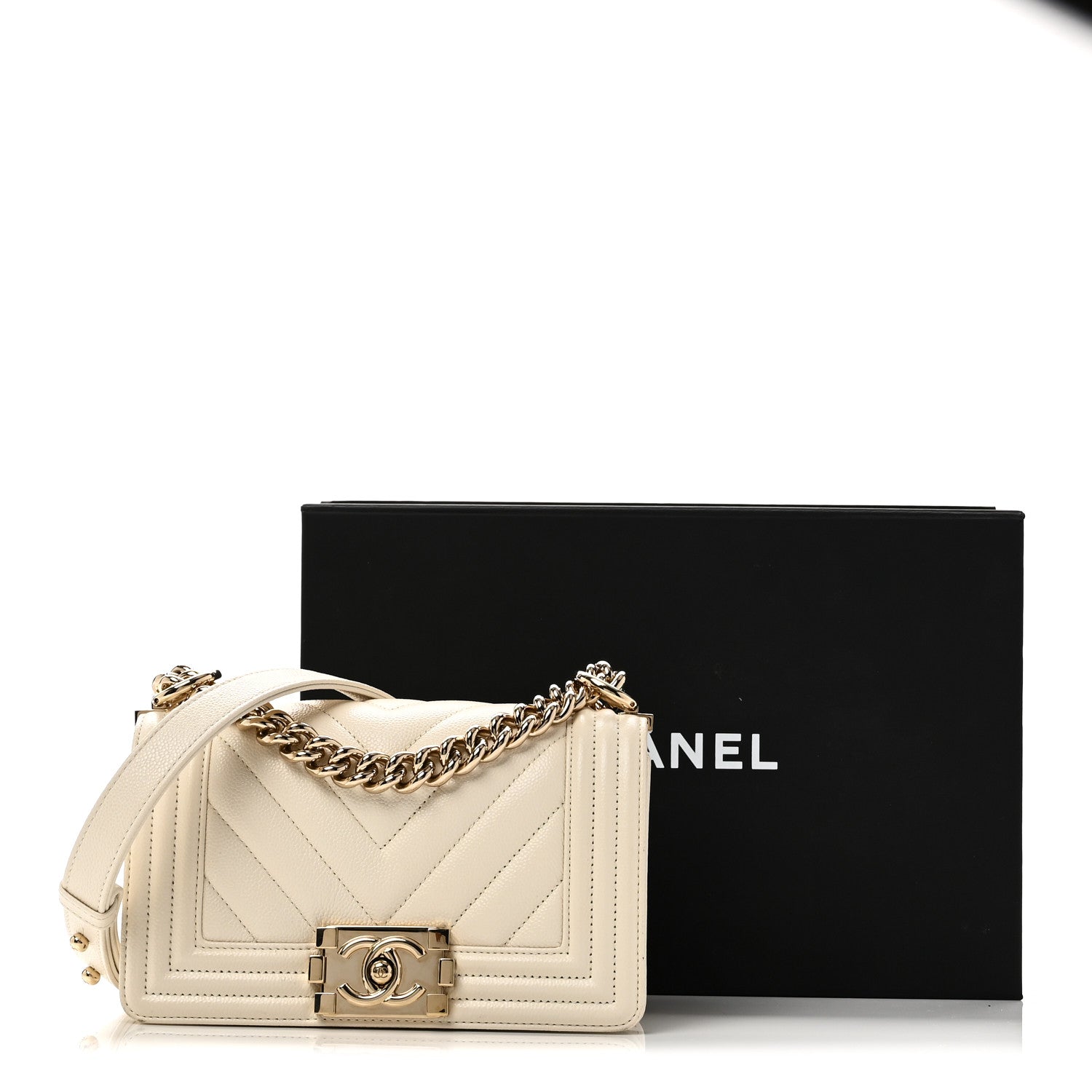 Chanel Caviar Chevron Quilted Small Boy Flap White