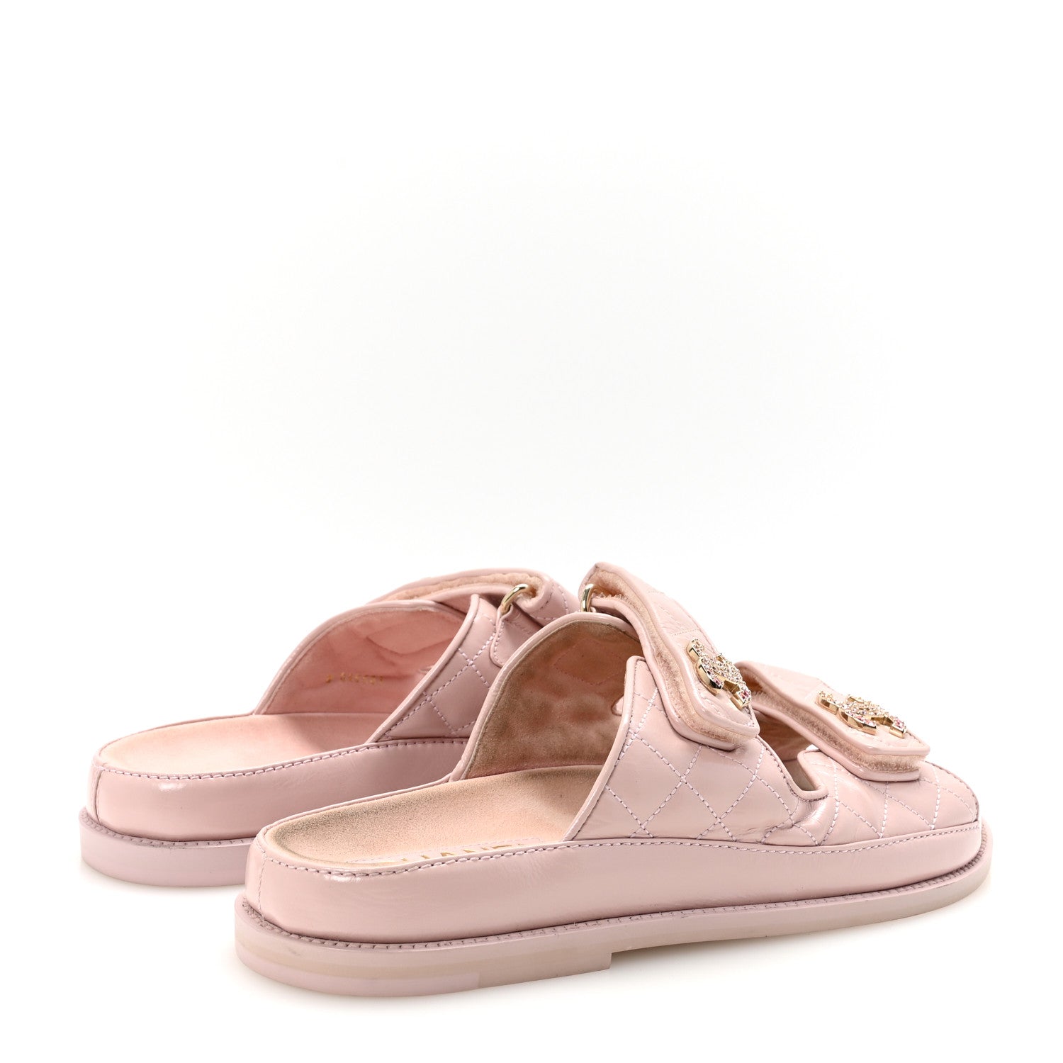 Chanel Shiny Calfskin Crystal Quilted Velcro Dad CC Slide Sandals 39 Light Pink