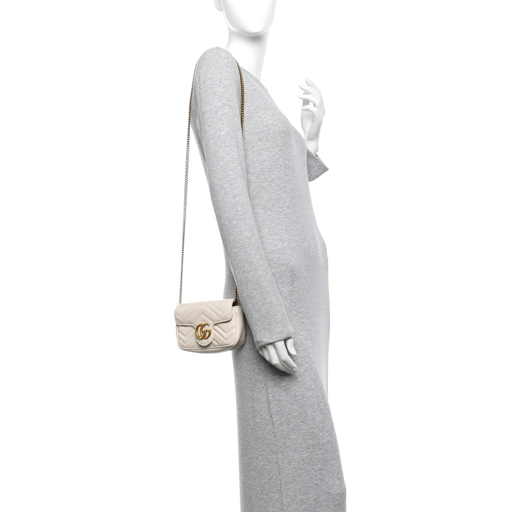 Gucci Calfskin Matelasse Super Mini GG Marmont Shoulder Bag White