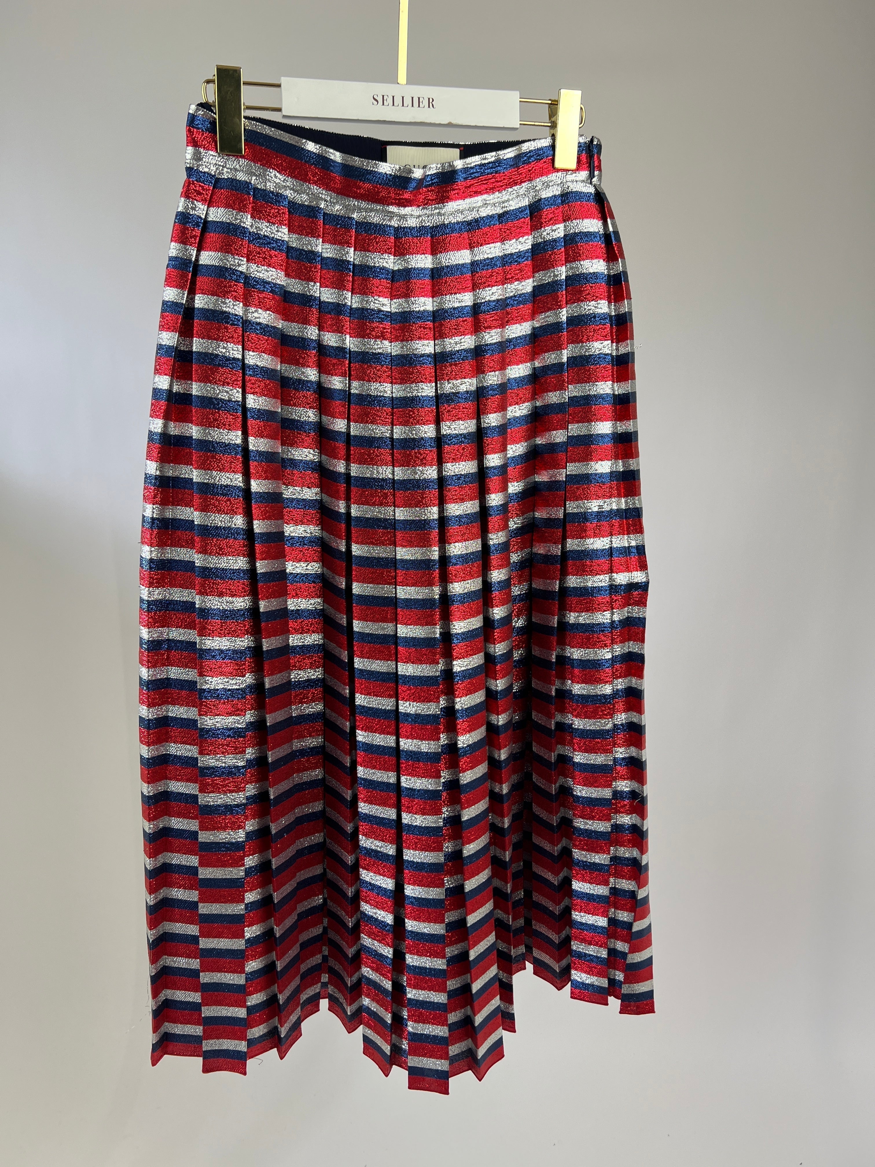 Gucci Metallic Red, Navy, Silver Stripe Pleated Midi Skirt Size IT 42 (UK 10)