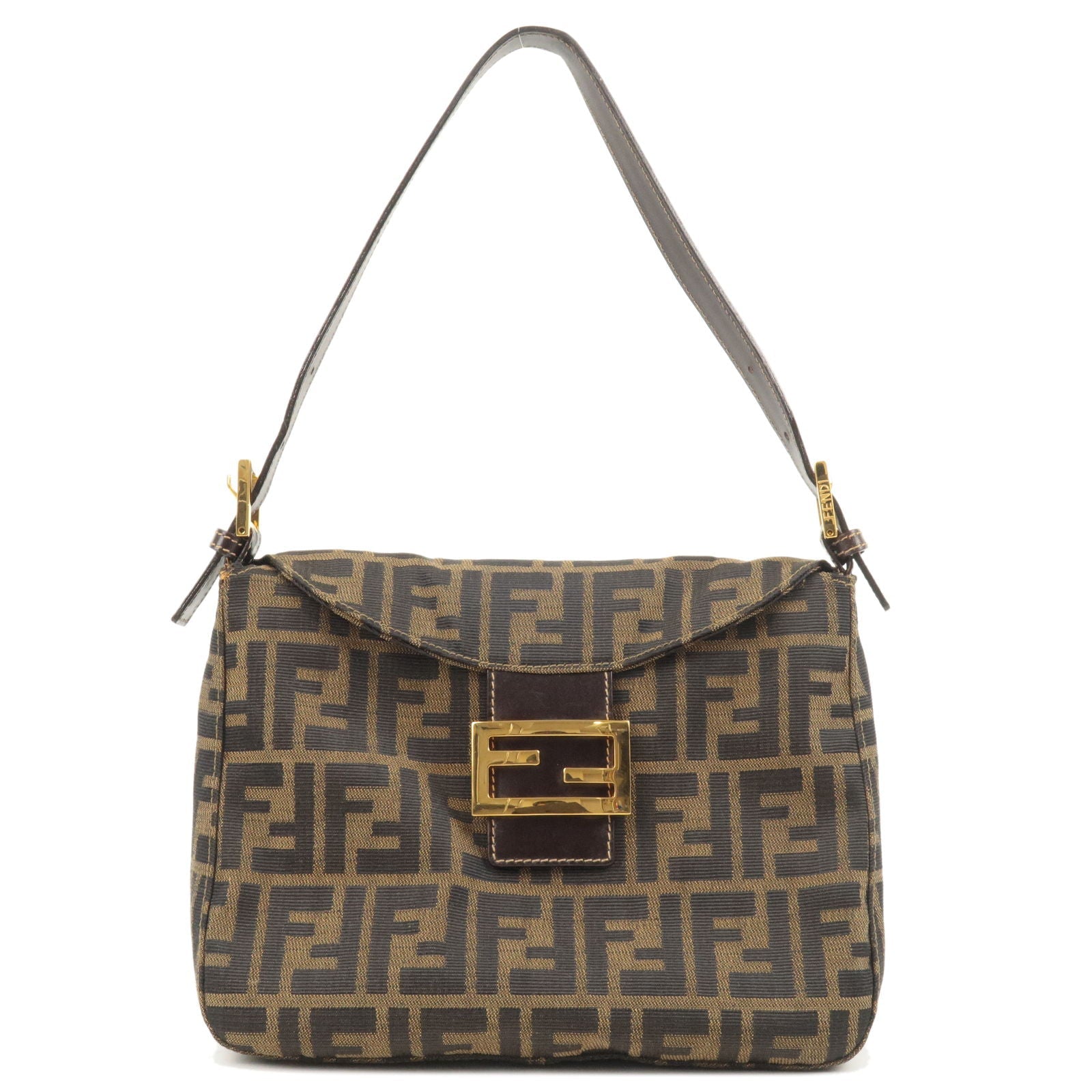 FENDI Zucca Canvas Leather Shoulder Bag Khaki Brown Black 26426