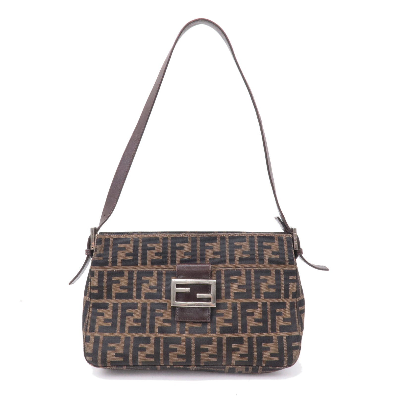 FENDI Zucca Canvas Leather Shoulder Bag Brown Black 26566