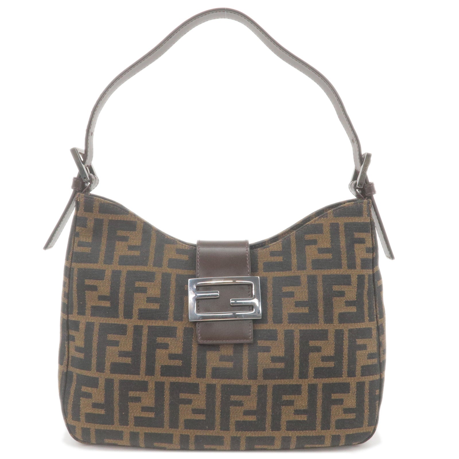 FENDI Zucca Canvas Leather Shoulder Bag Brown Black 8BR036