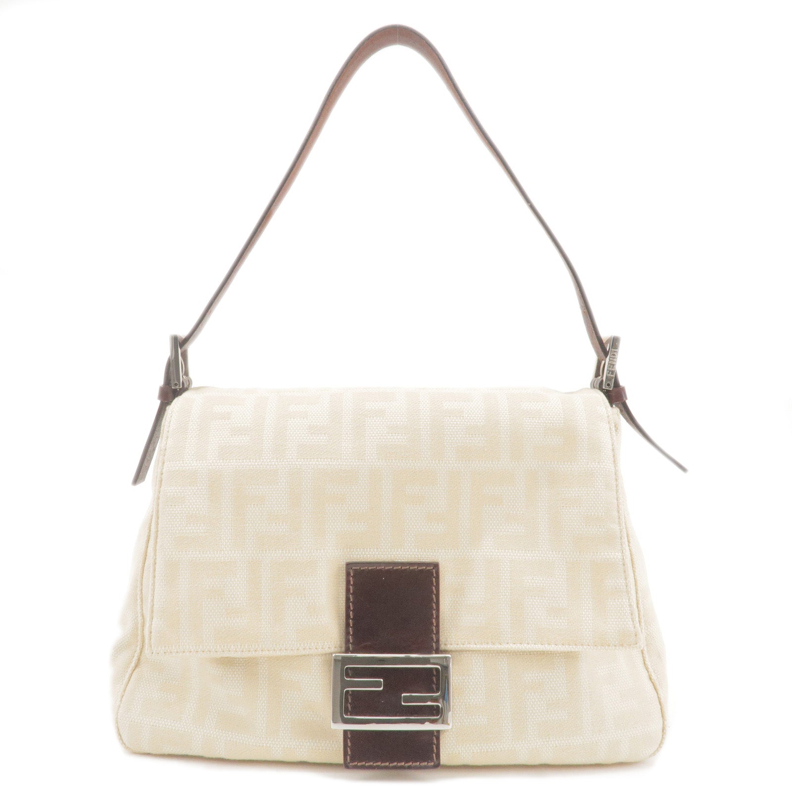 FENDI Zucca Mamma Baguette Canvas Leather Shoulder Bag Beige 26325