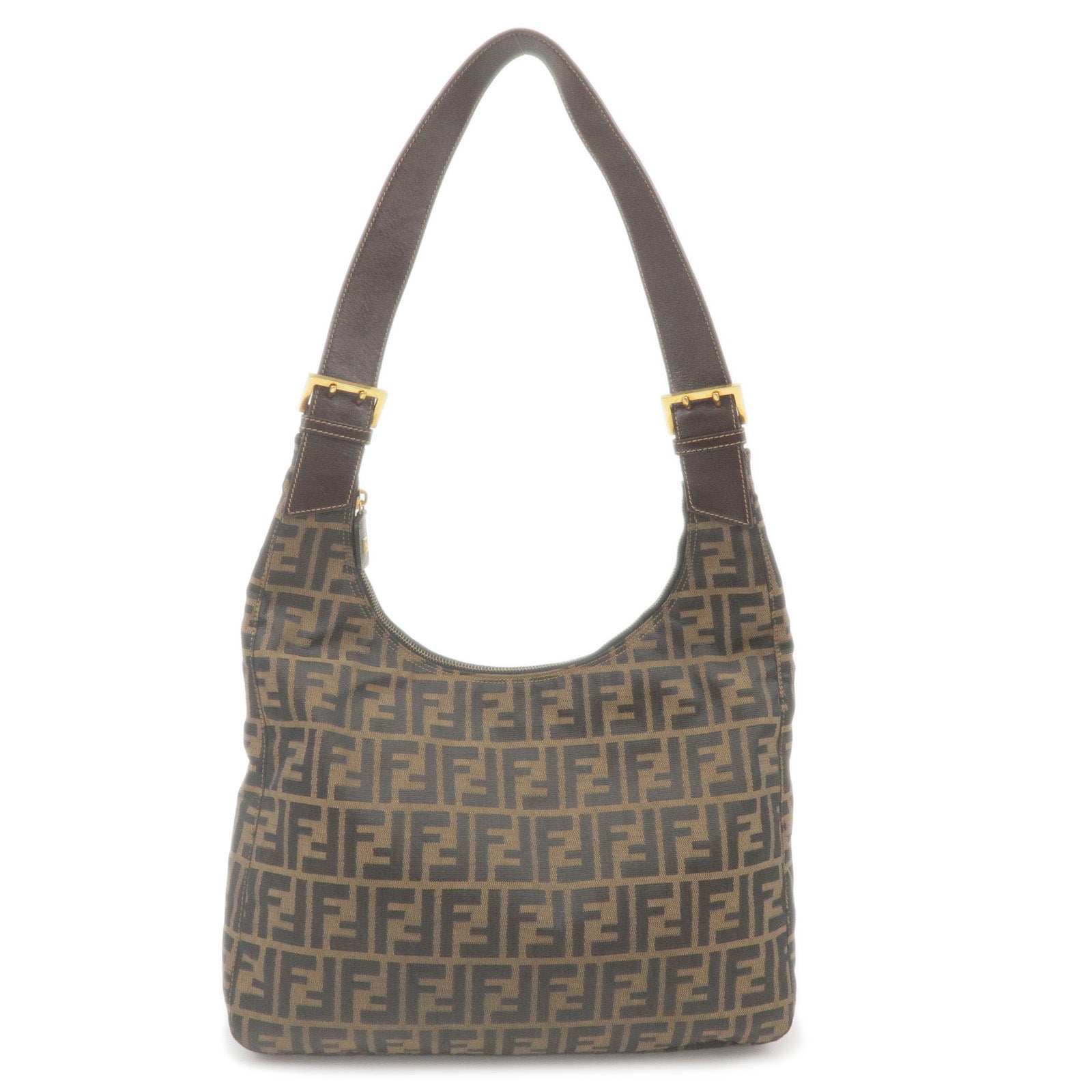 FENDI Zucca Canvas Leather Shoulder Bag Khaki Brown Black
