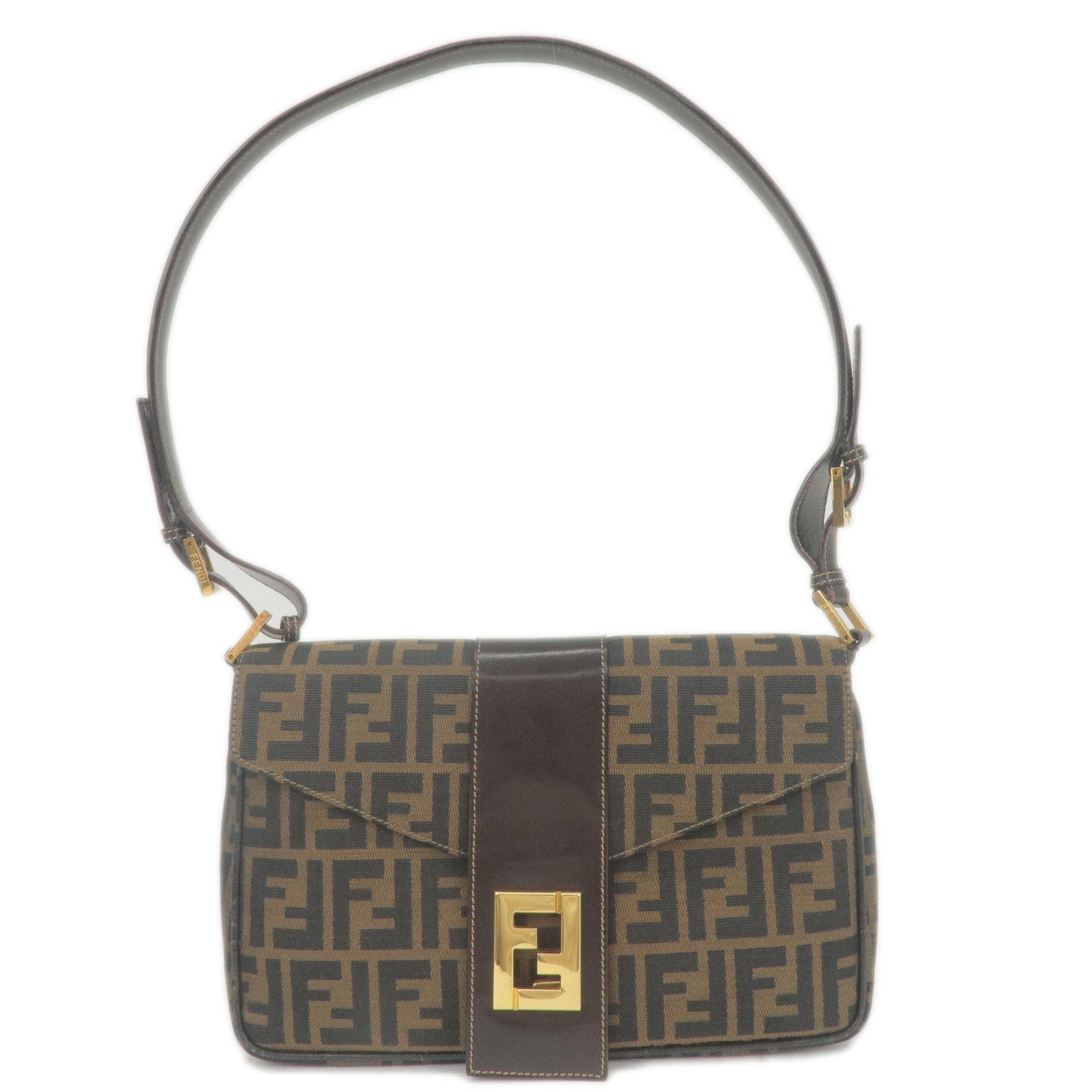FENDI Zucca Canvas Leather Shoulder Bag Brown Black 26434