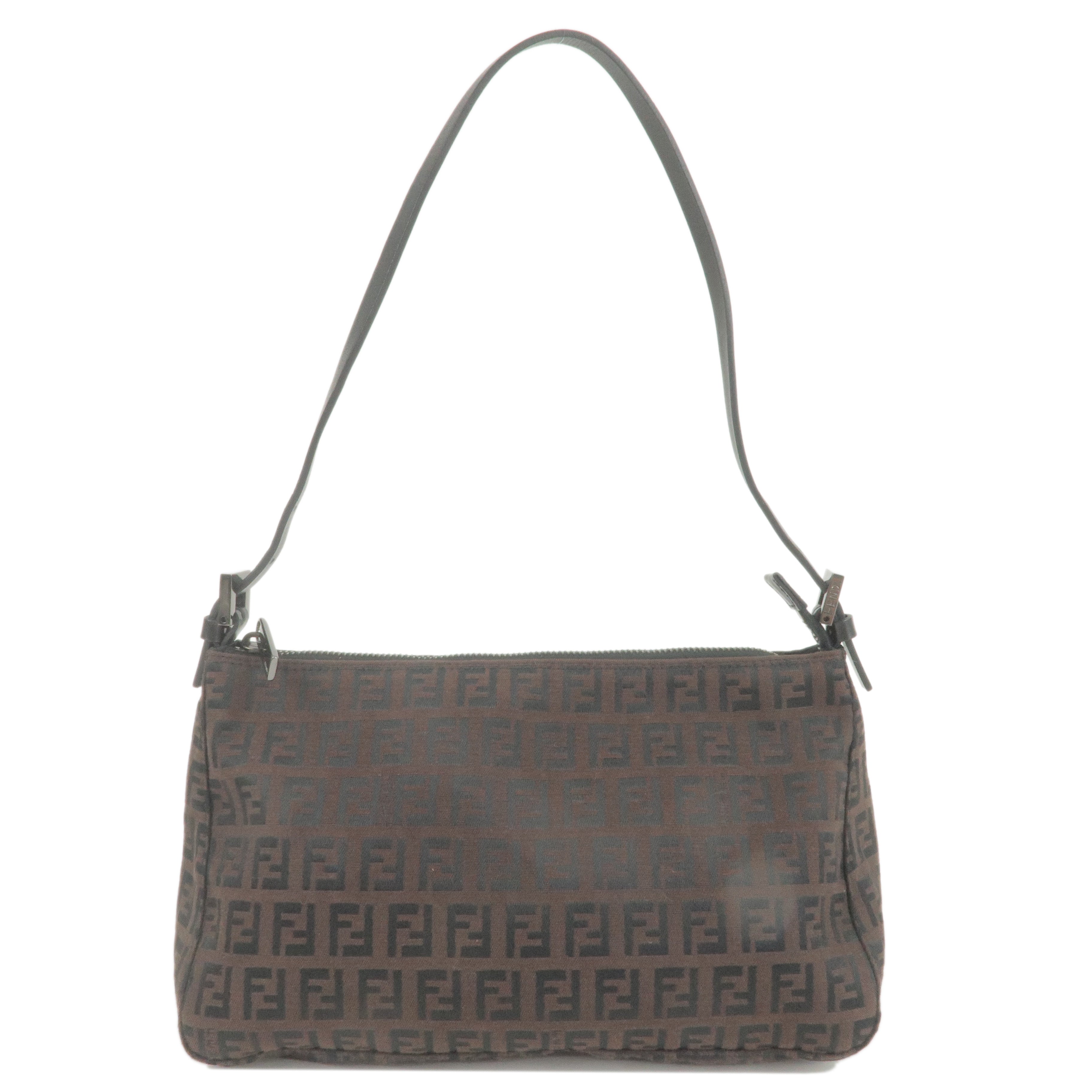 FENDI Zucchino Canvas Leather Shoulder Bag Brown Black 8BR156