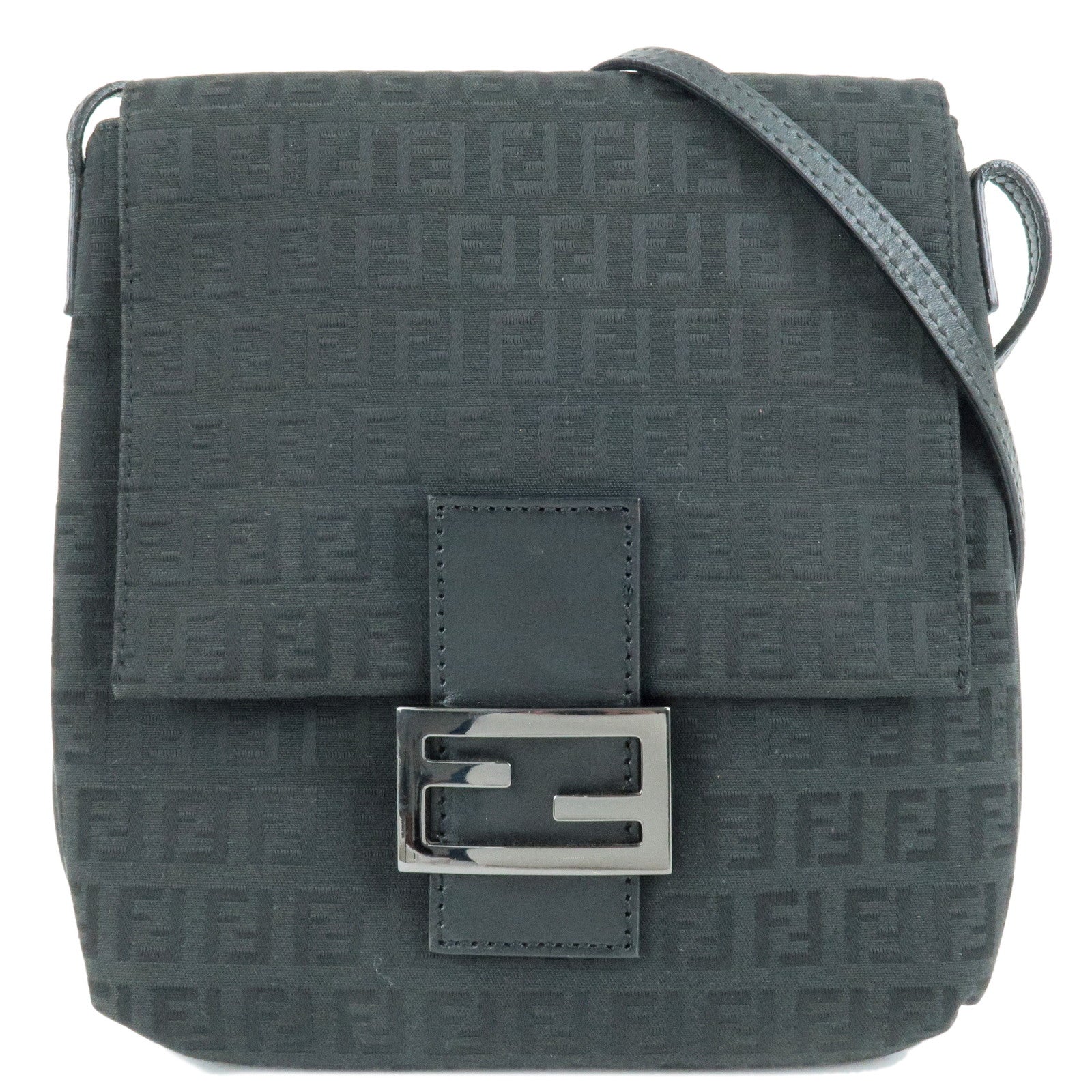 FENDI Zucchino Canvas Leather Shoulder Bag Black 8BT075