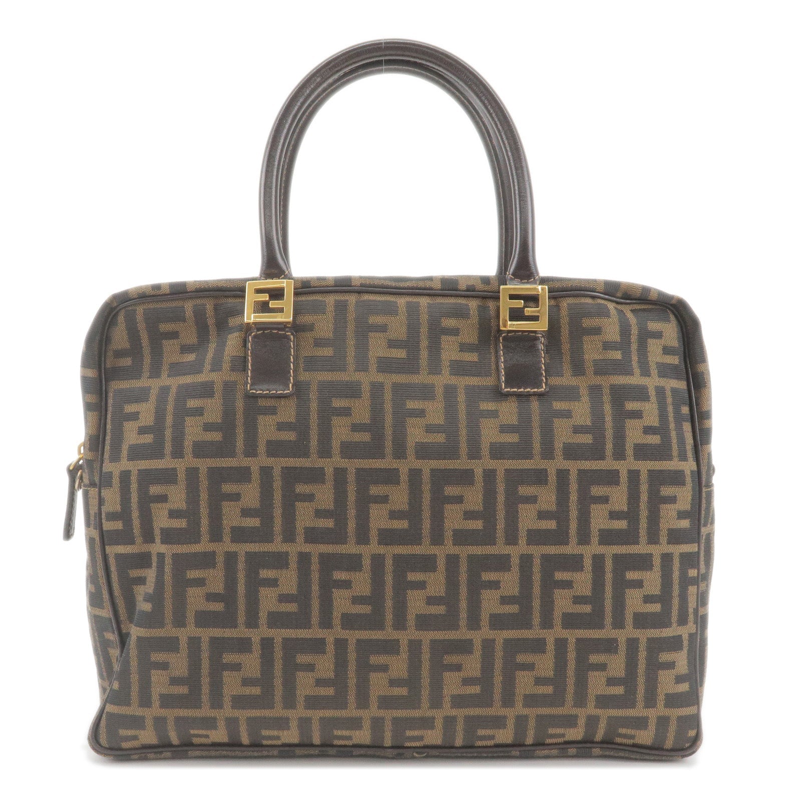 FENDI Zucca Canvas Leather Hand Bag Khaki Black Brown 15590