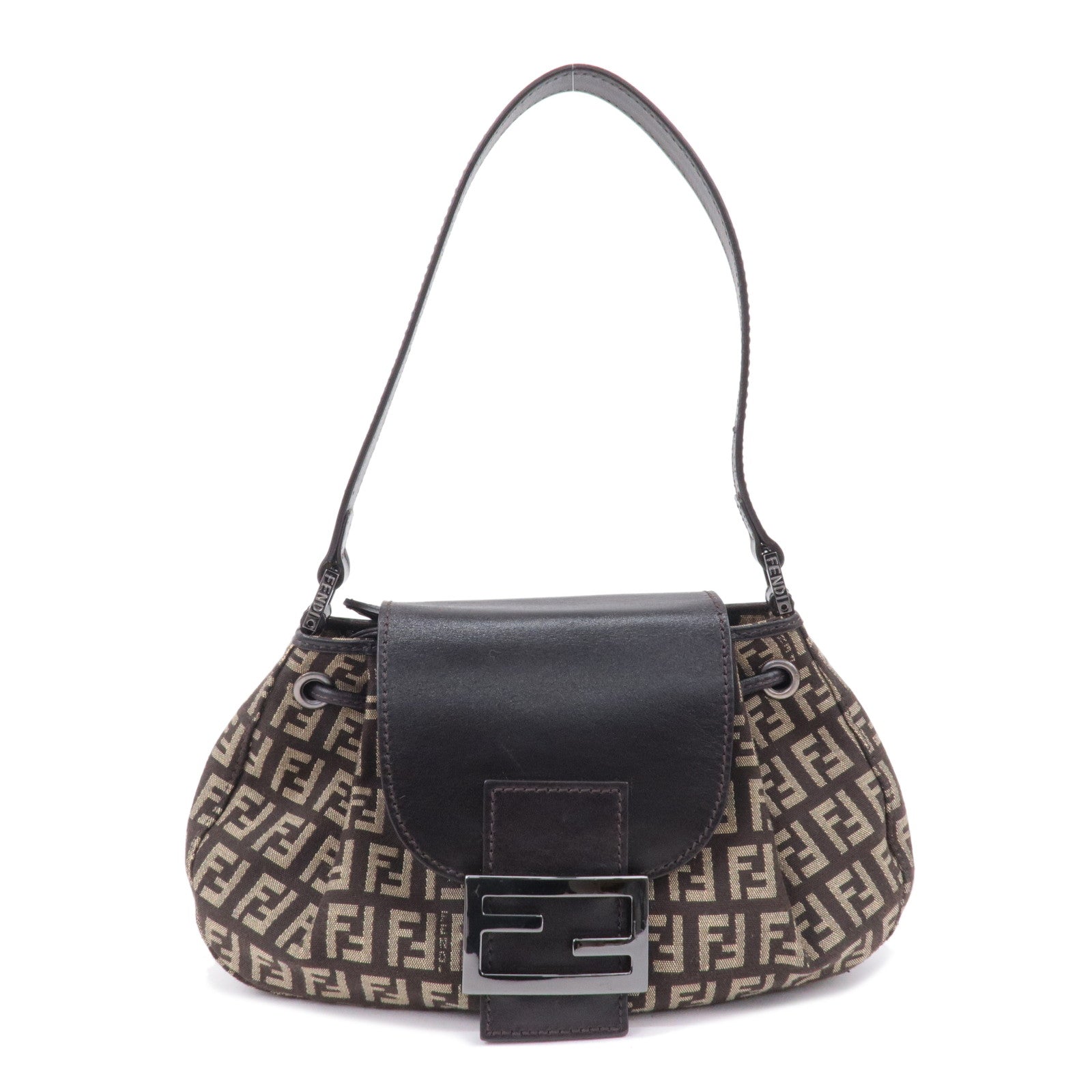 FENDI Zucchino Canvas Leather Shoulder Bag Brown Beige 8BR277