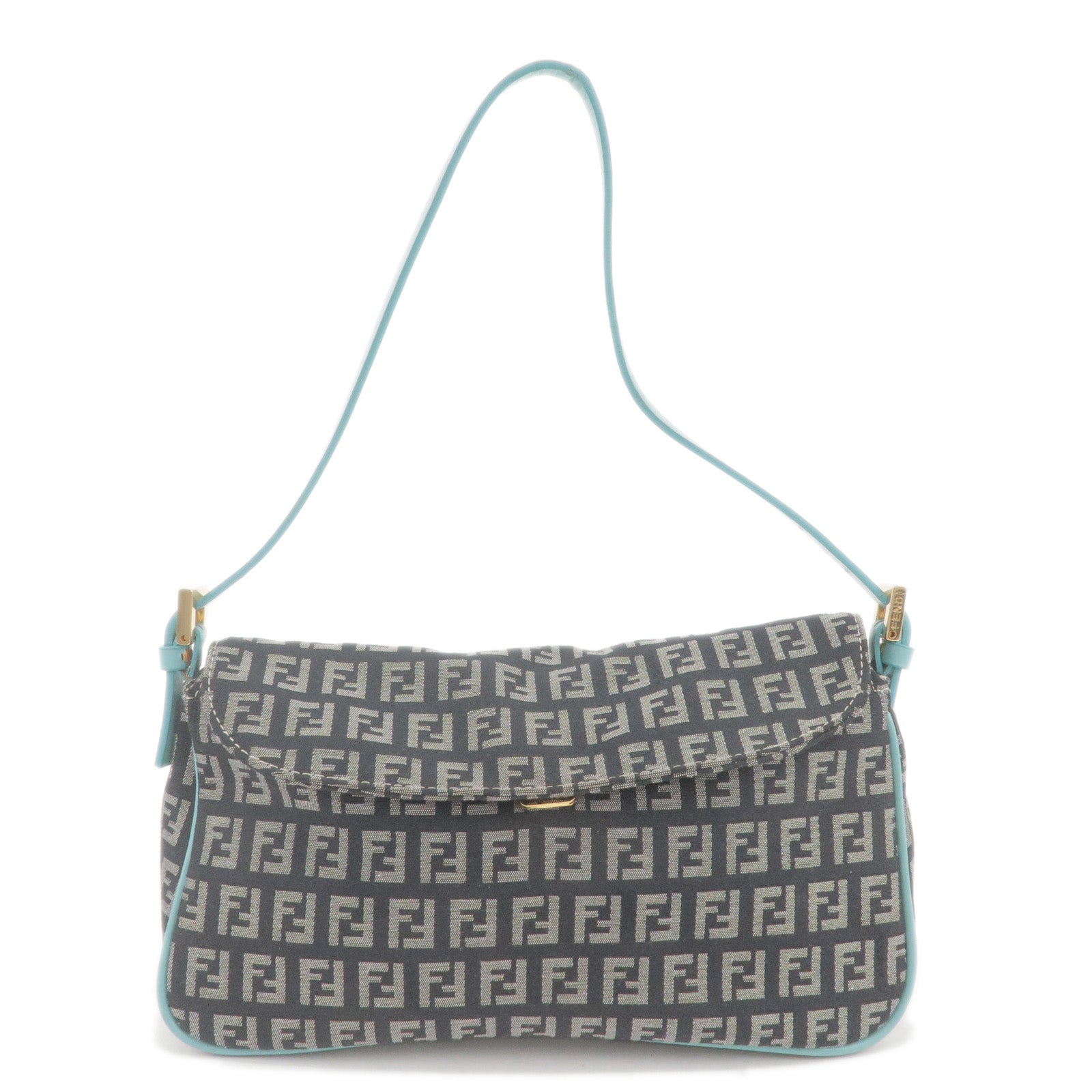 FENDI Zucchino Canvas Leather Shoulder Bag Black Light Blue 8BR145