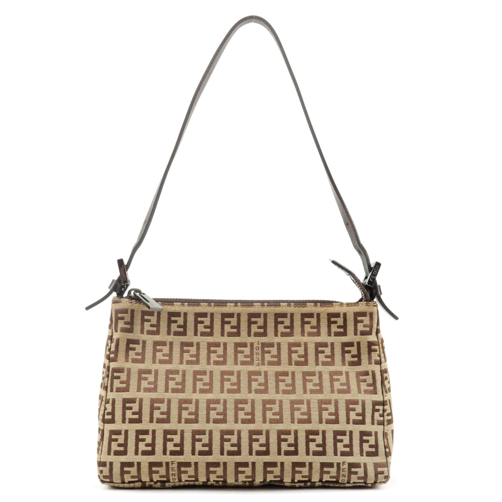 FENDI Zucchino Canvas Leather Shoulder Bag Hand Bag Beige Brown