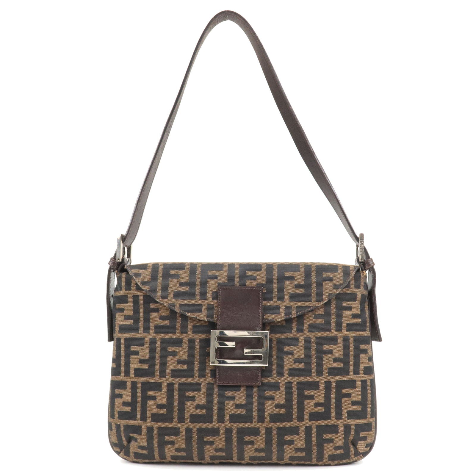 FENDI Zucca Canvas Leather Shoulder Bag Brown Black khaki