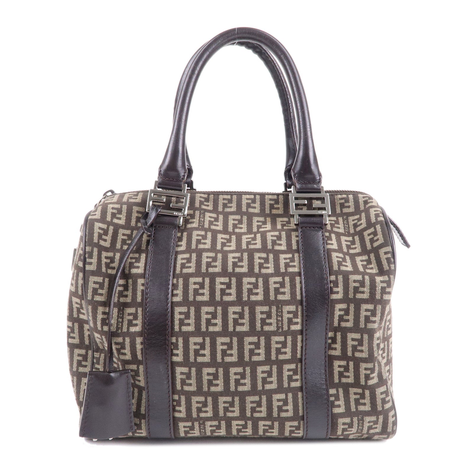 FENDI Zucchino Canvas Leather Boston Bag Brown Beige 8BL068