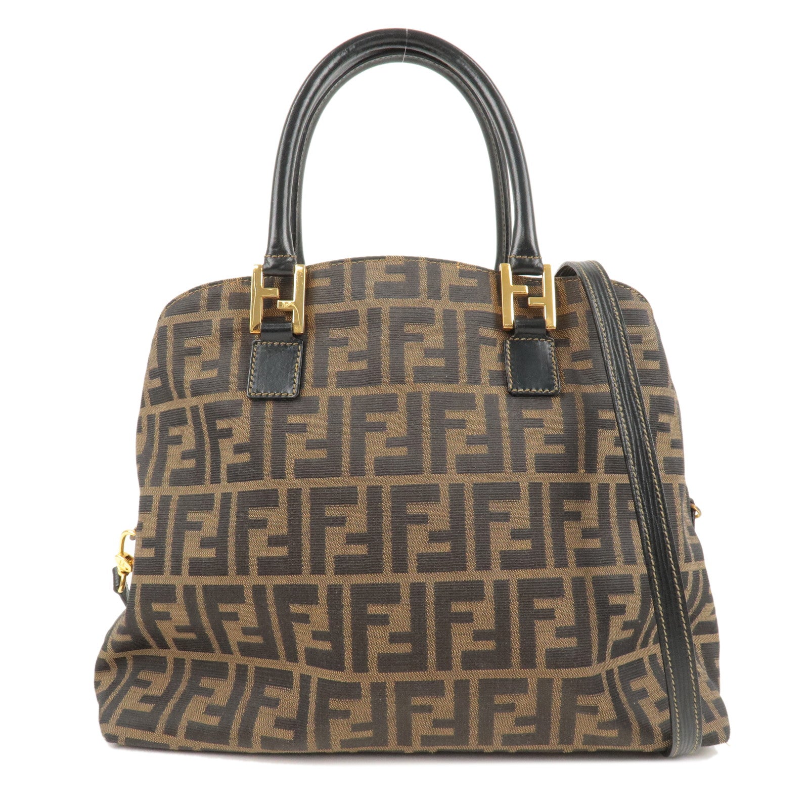 FENDI Zucca Canvas Leather 2Way Shoulder Bag Brown Black 14968