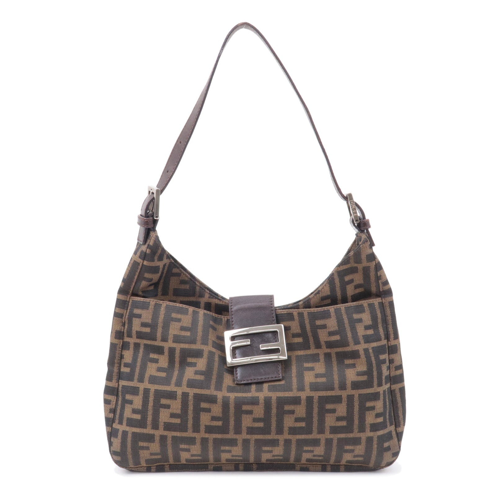 FENDI Zucca Canvas Leather Shoulder Bag Brown Black 26569