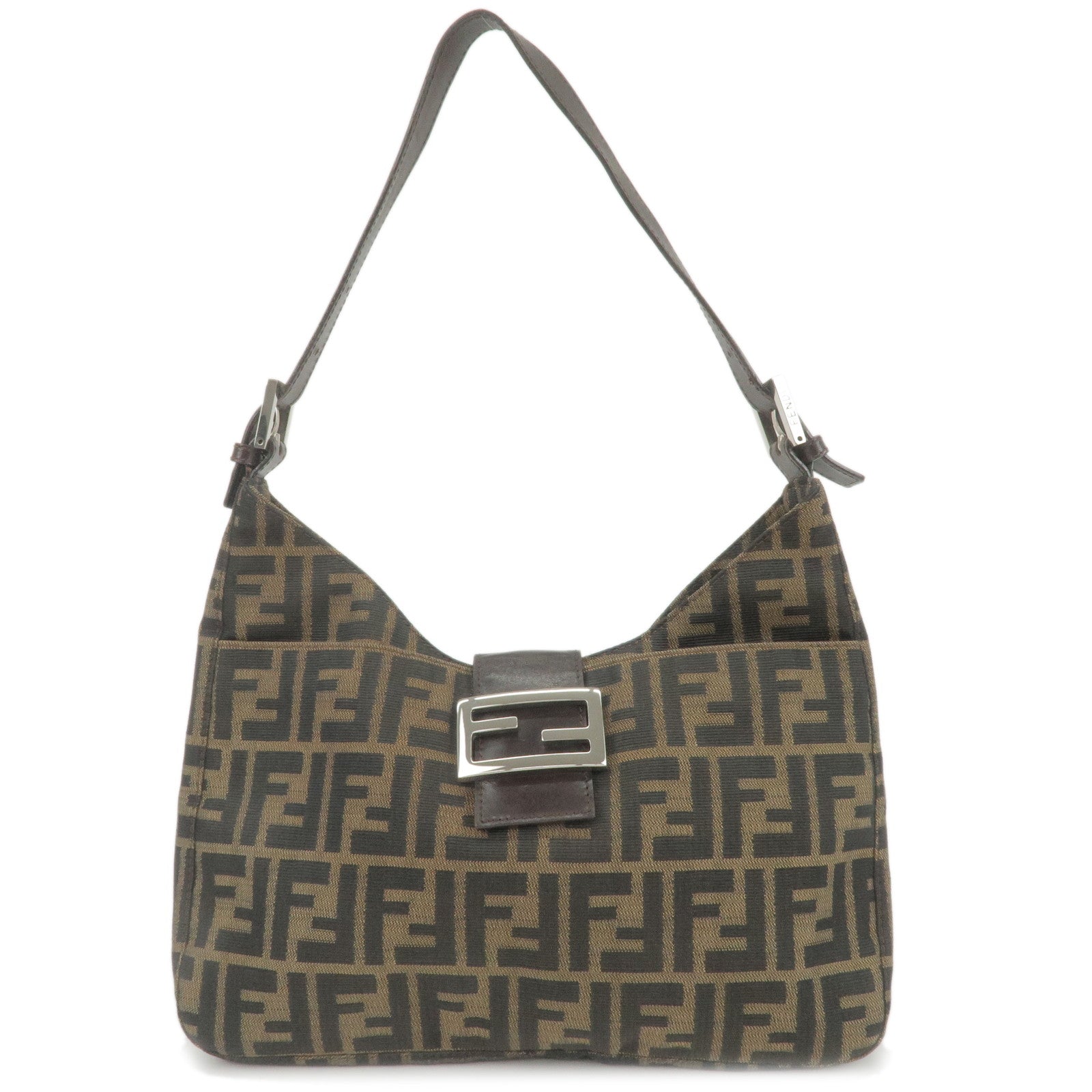 FENDI Zucca Canvas Leather Shoulder Bag Brown Black 26569