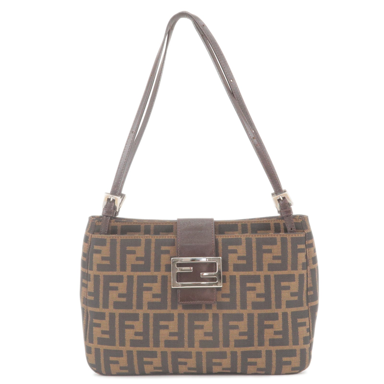 FENDI Zucca Canvas Leather Shoulder Bag Brown Black 26728