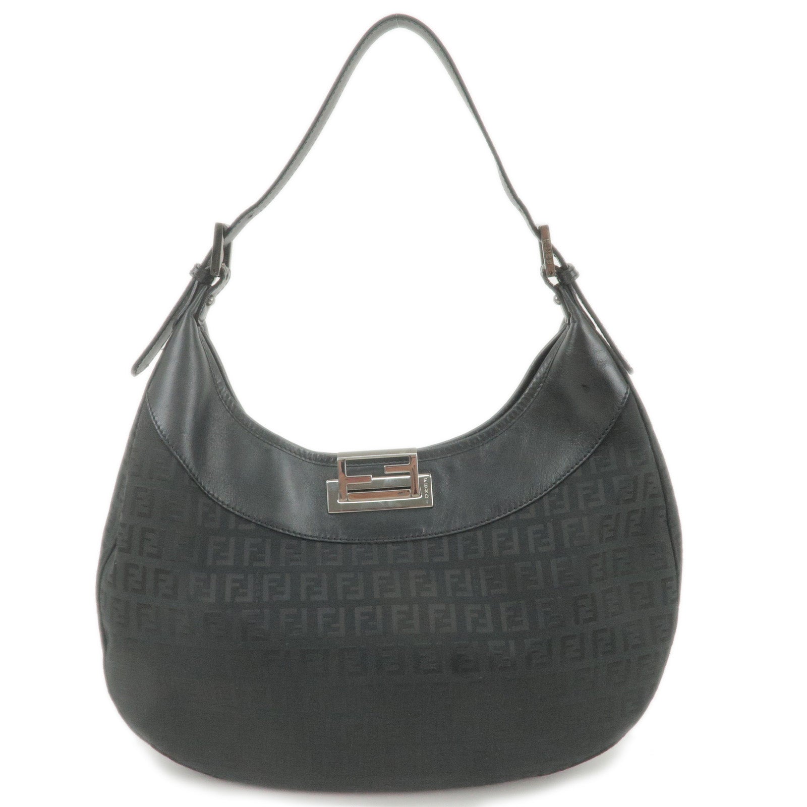 FENDI Zucchino Canvas Leather Shoulder Bag Black 8BR552