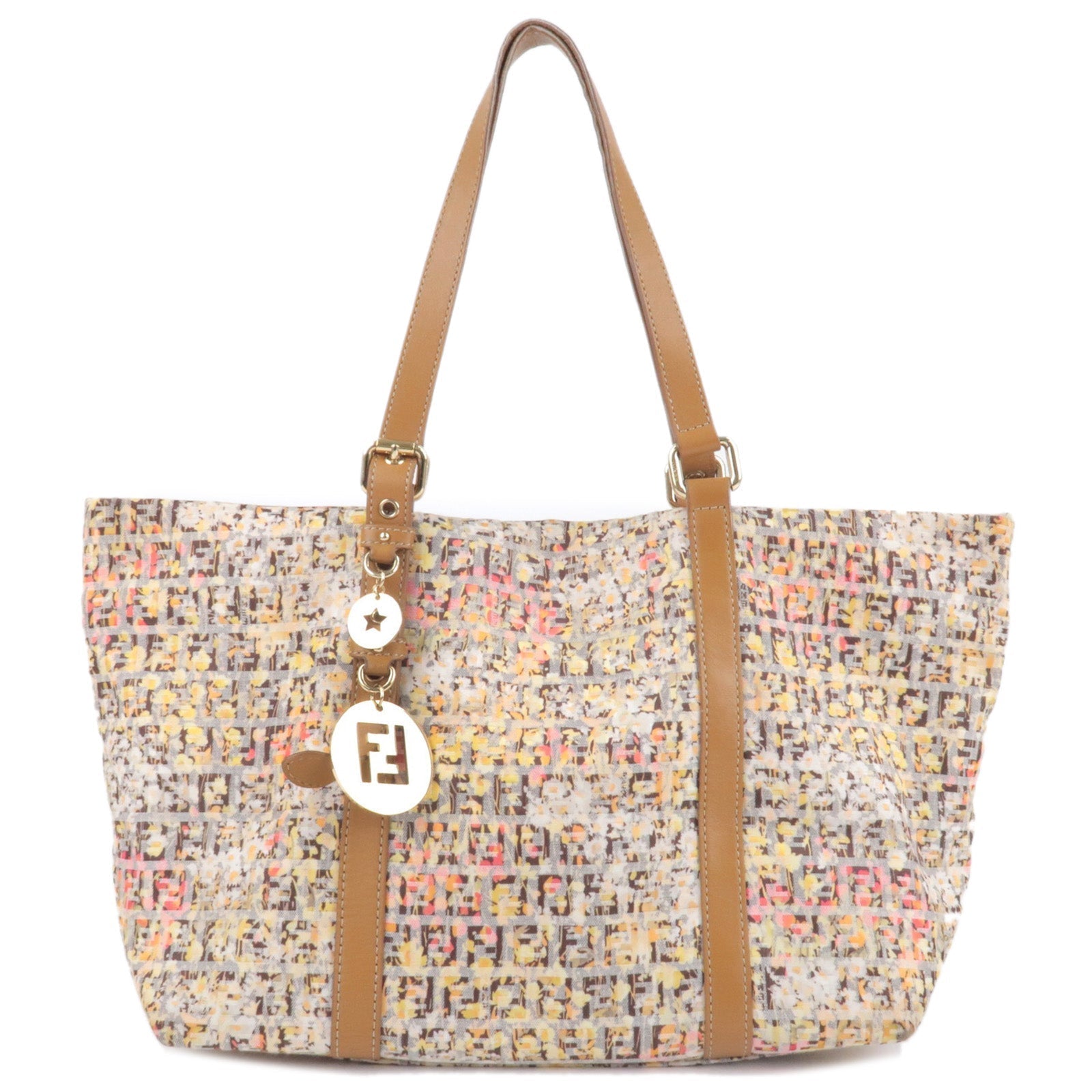 Fendi Zucchino Canvas Leather Tote Bag Flower Print 8BH021
