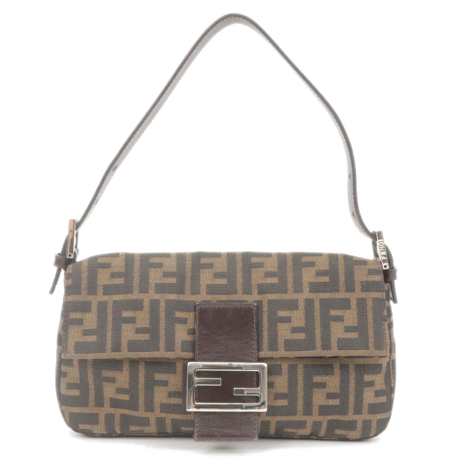 FENDI Zucca Mamma Baguette Canvas Leather Bag Brown Black 26424