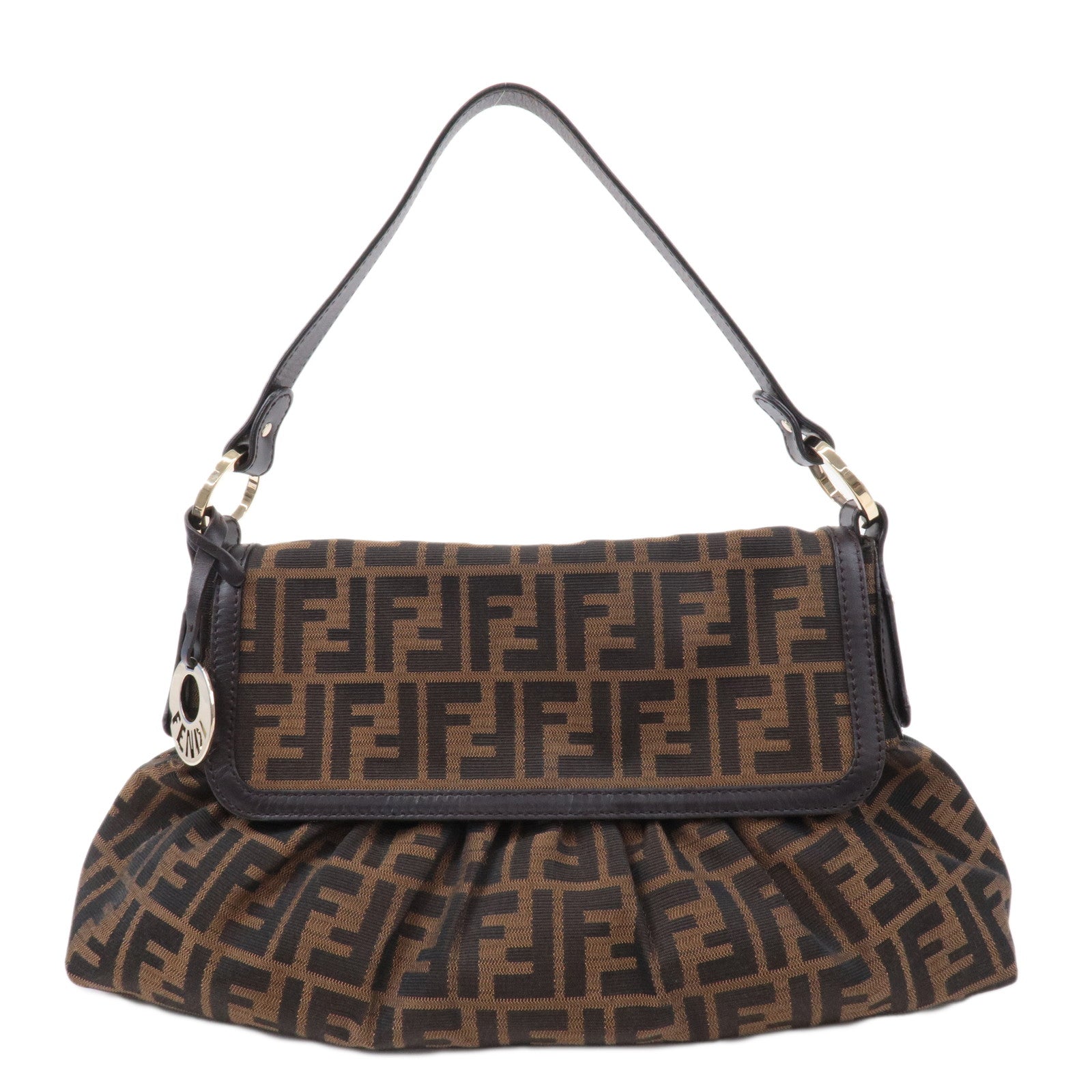 FENDI Zucca Canvas Leather Shoulder Bag Brown Black 8BR436