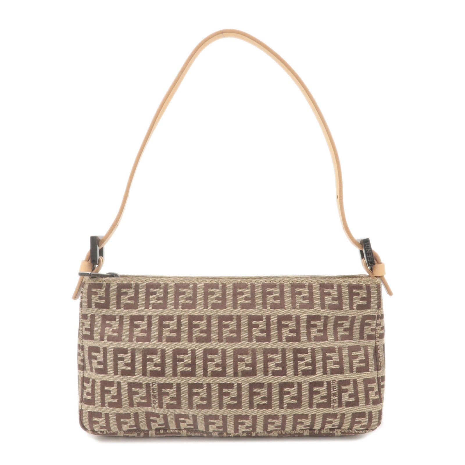 FENDI Zucchino Canvas Leather Hand Bag Pouch Beige Brown 8BR041