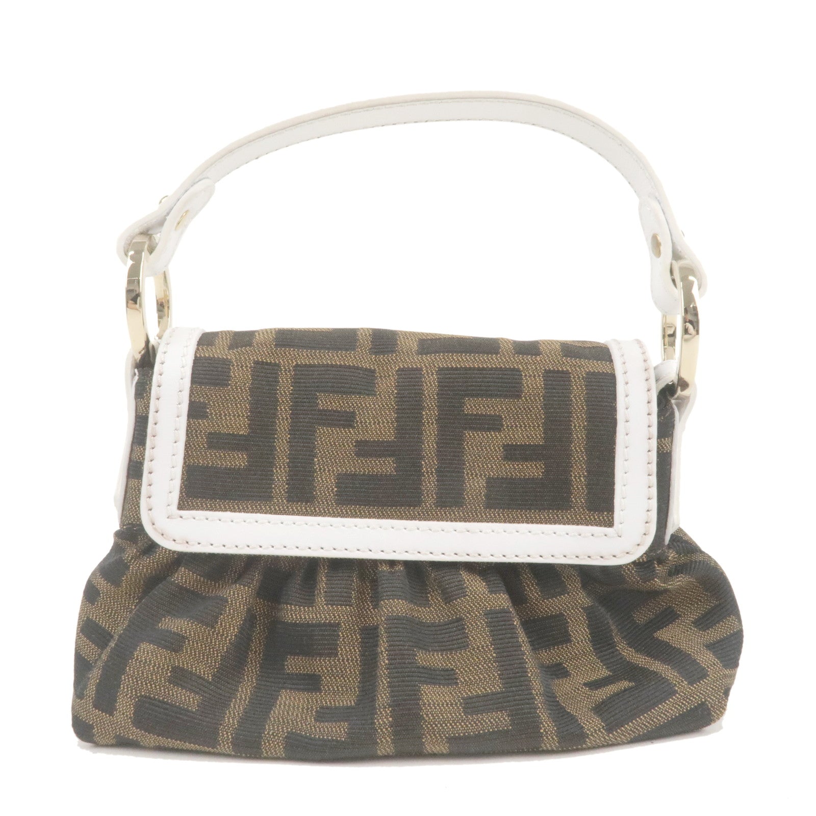 FENDI Zucca Canvas Leather Hand Bag Brown Black White 8BK037