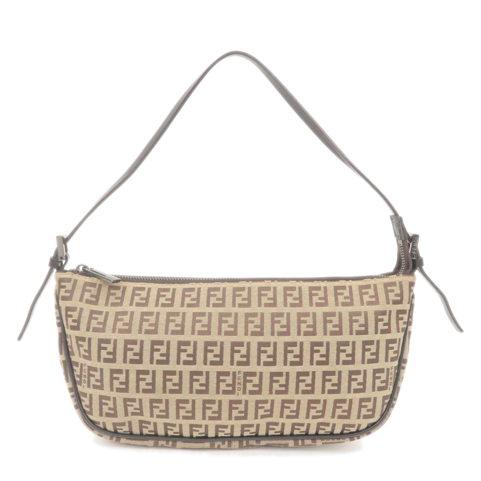 FENDI Zucchino Canvas Leather Shoulder Bag Beige Brown 8BR144