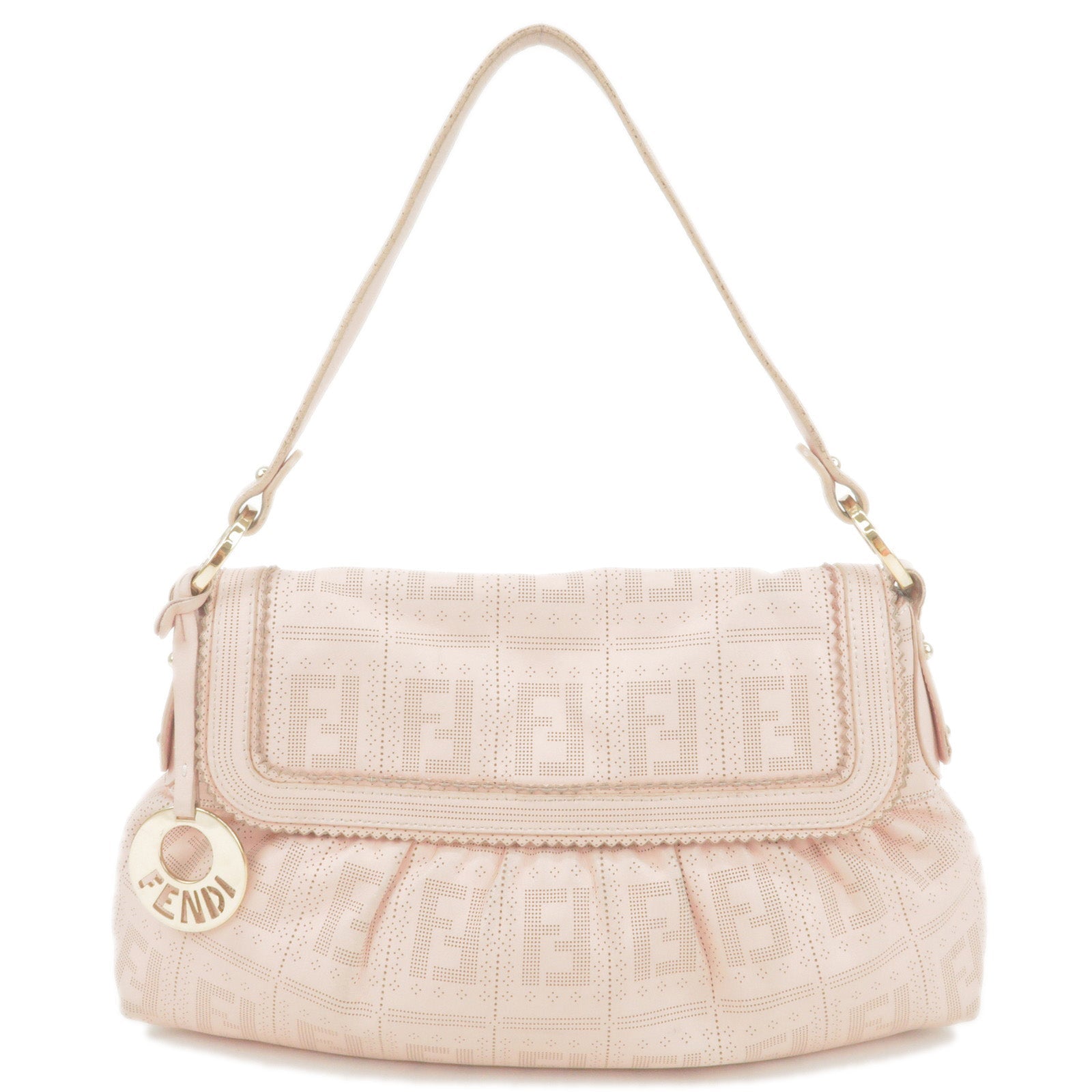 FENDI Zucca Print Leather Perforated Shoulder Bag Pink 8BR445