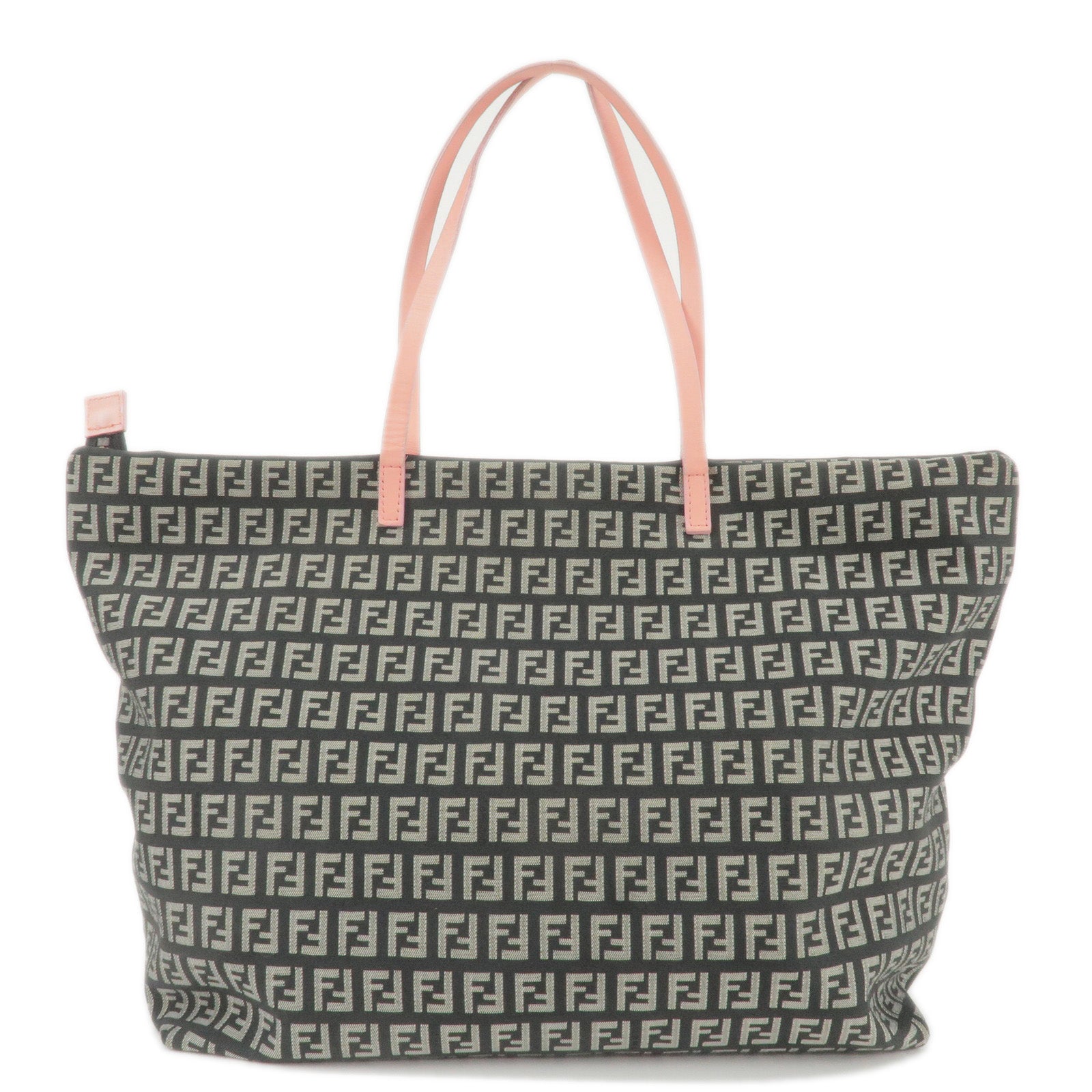 FENDI Zucchino Canvas Leather Tote Bag Black Gray Pink 8BH025