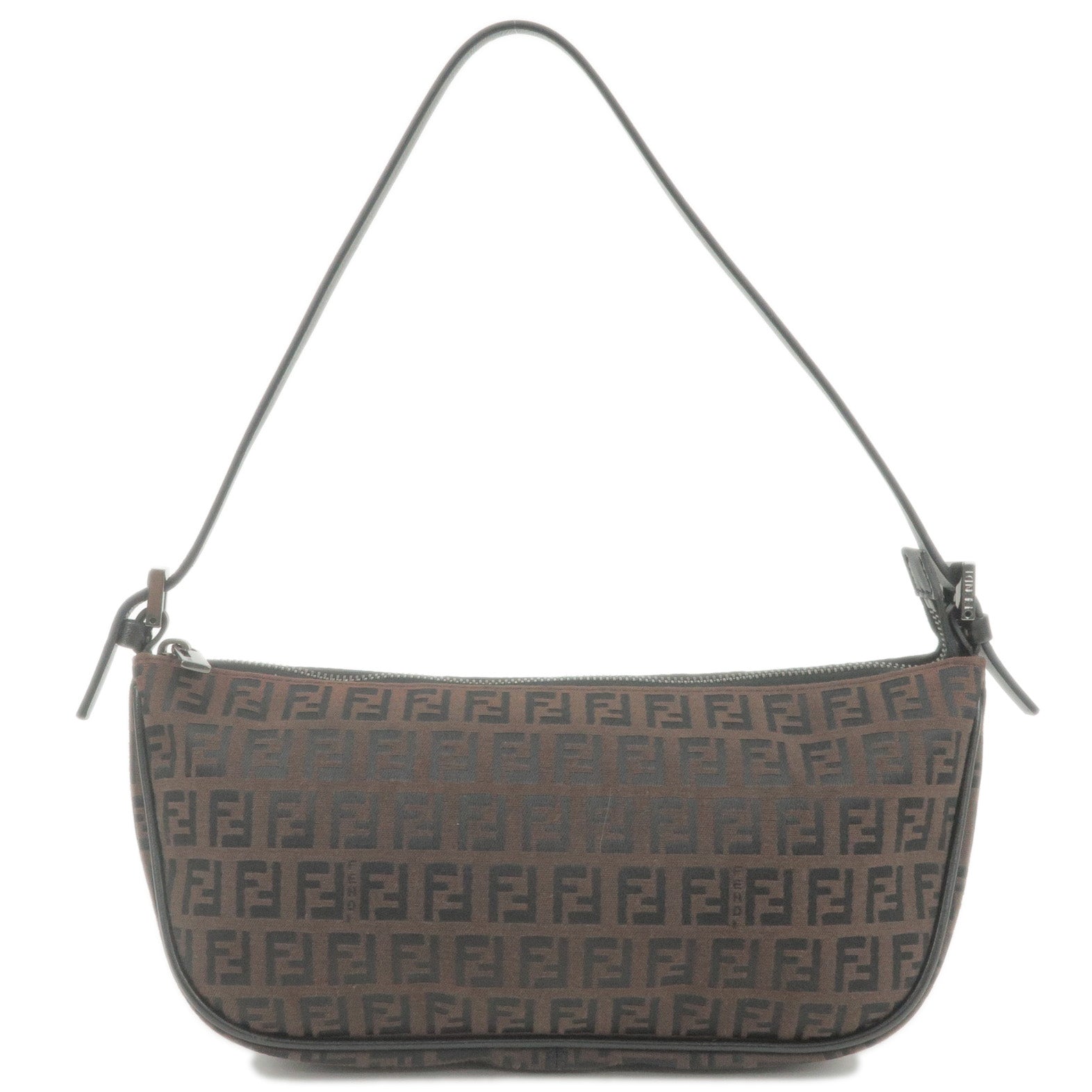 FENDI Zucchino Canvas Leather Hand Bag Dark Brown Black 8BR144
