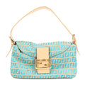 FENDI Zucchino Mamma Baguette Canvas Leather Bag Blue Beige 8BR003