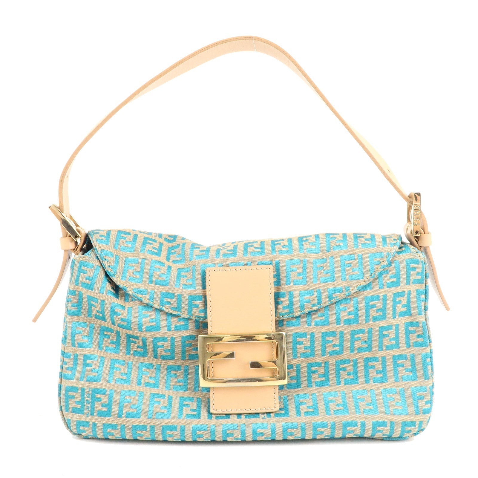 FENDI Zucchino Mamma Baguette Canvas Leather Bag Blue Beige 8BR003