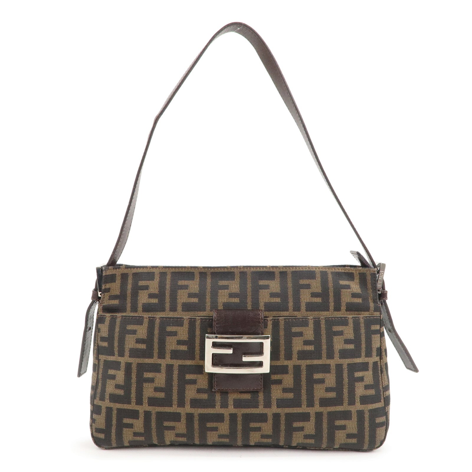 FENDI Zucca Canvas Leather Shoulder Bag Brown Black 26566