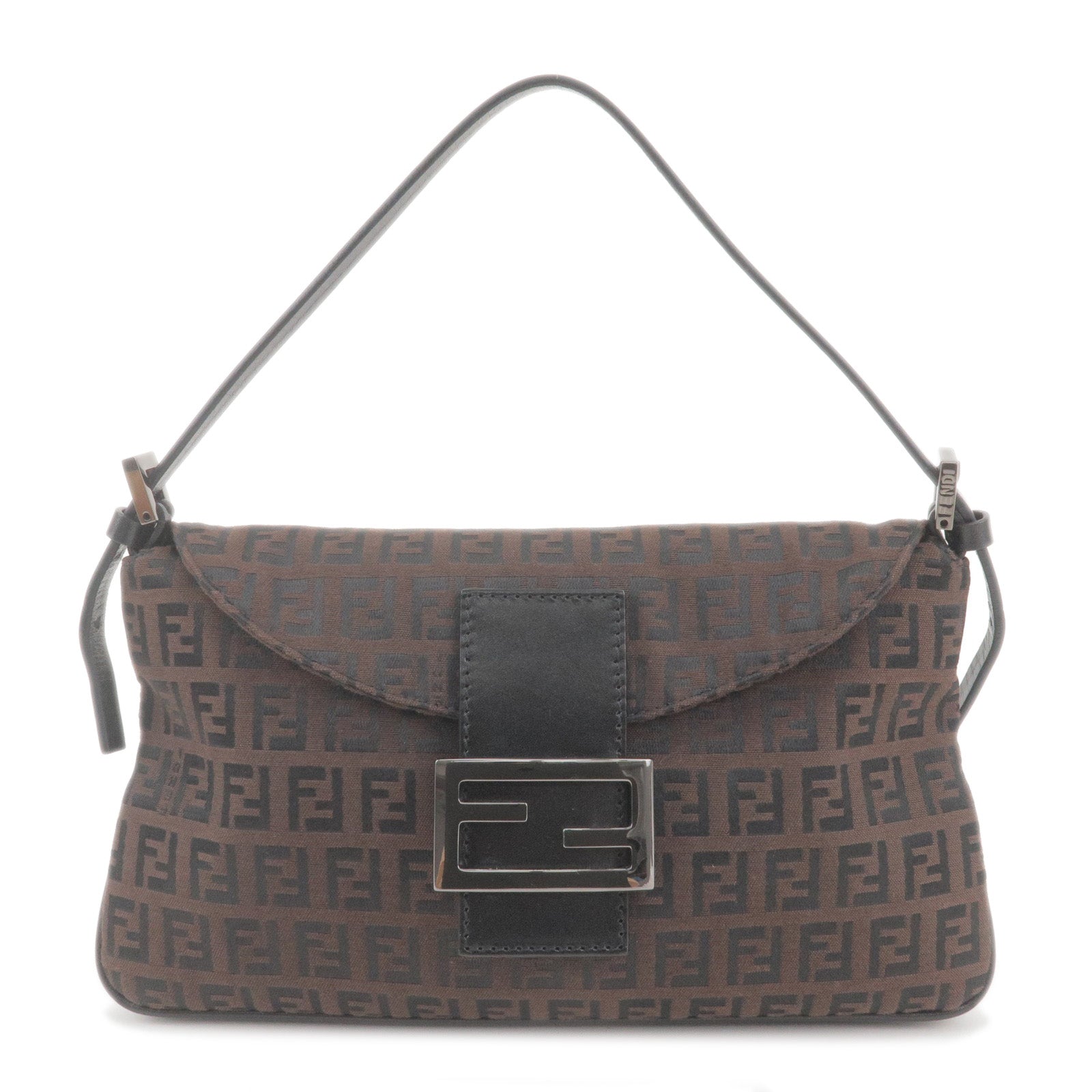 FENDI Zucchino Canvas Leather Shoulder Bag Purse Brown Black