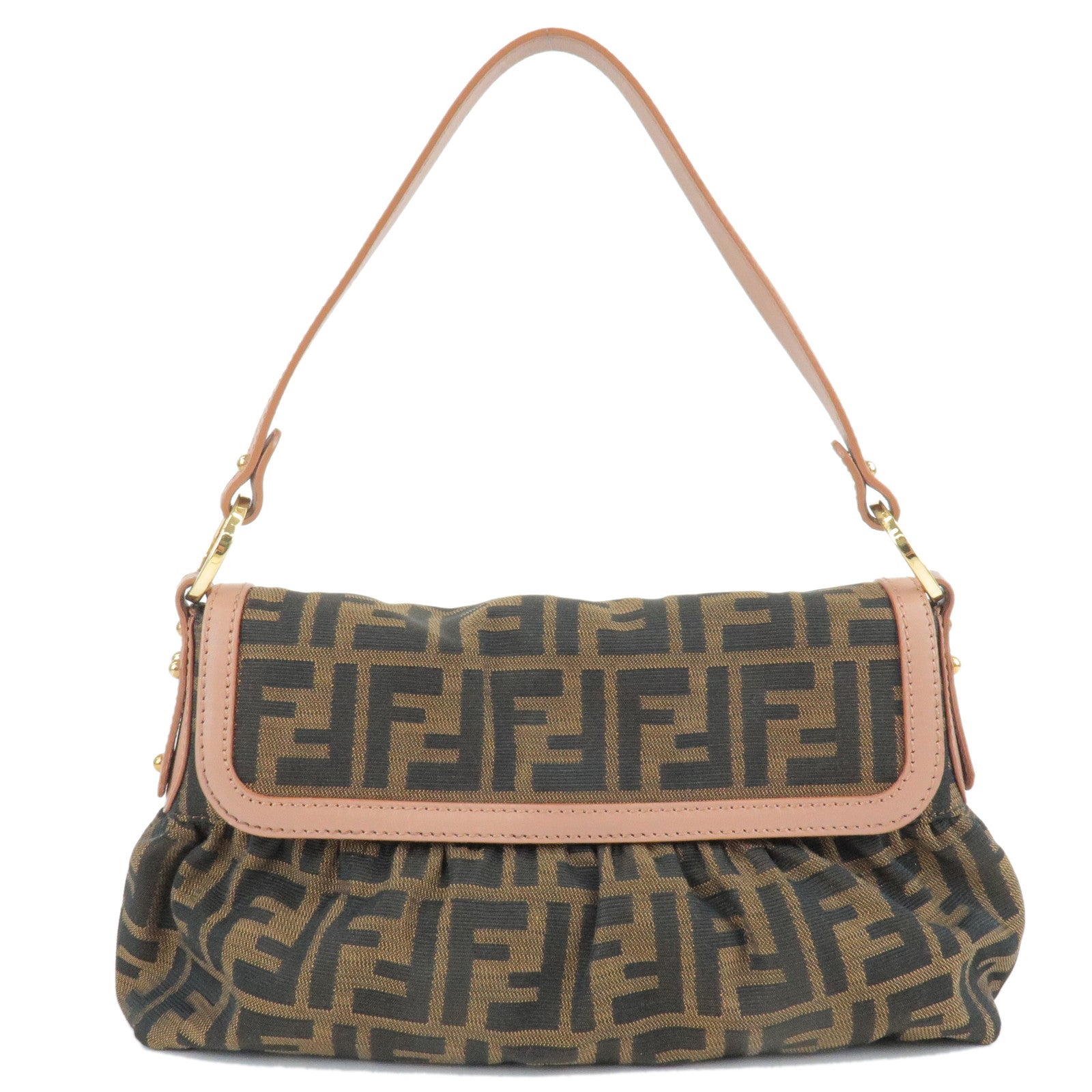 FENDI Zucca Print Canvas Leather Shoulder Bag Brown Pink 8BR353