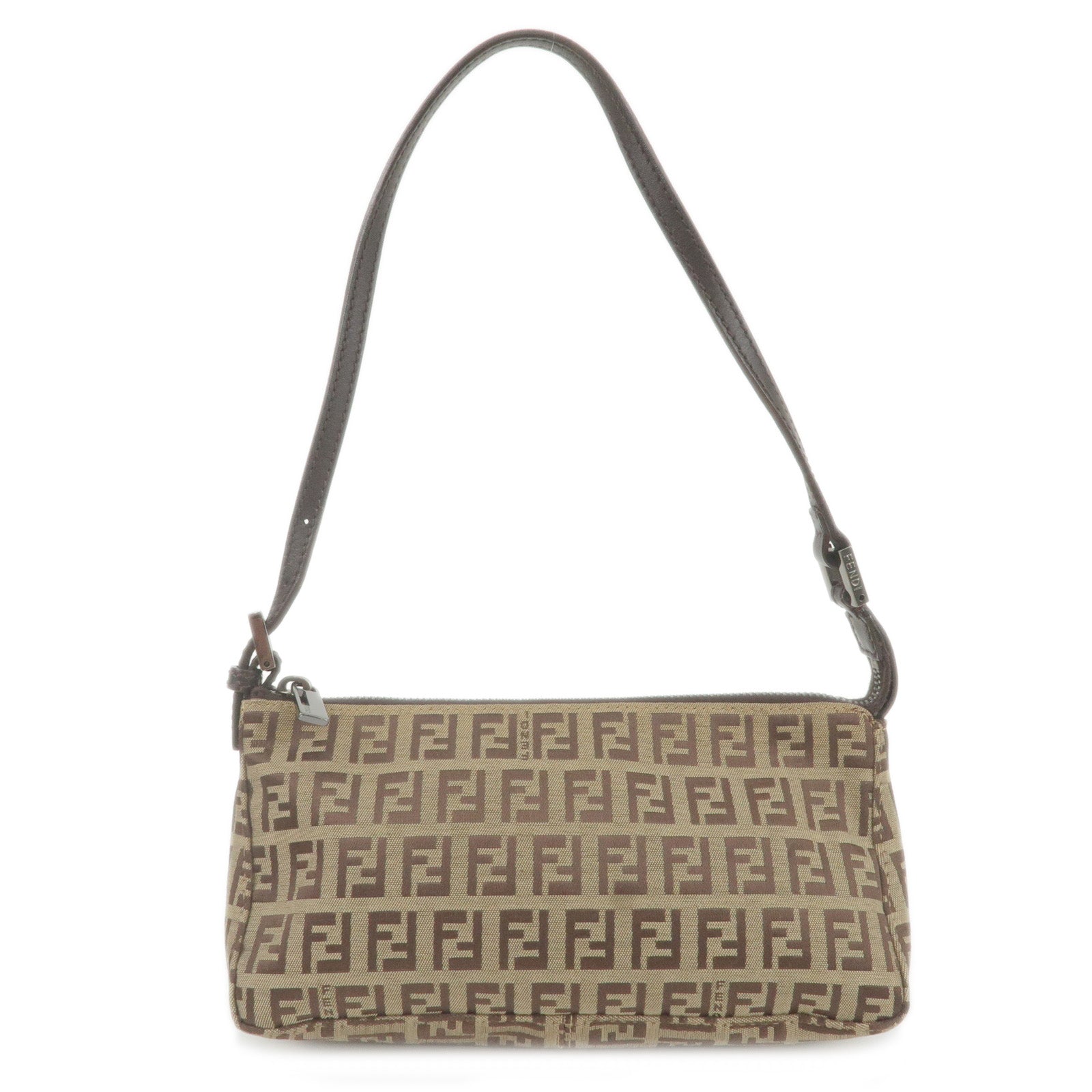 FENDI Zucchino Canvas Leather Shoulder Bag Beige Brown 8BR249