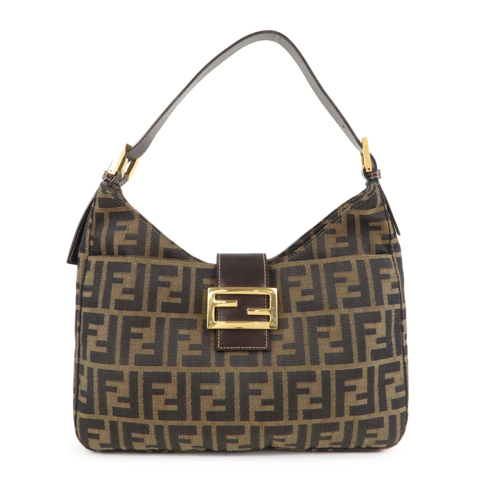 FENDI Zucca Canvas Leather Shoulder Bag Brown Black 26569
