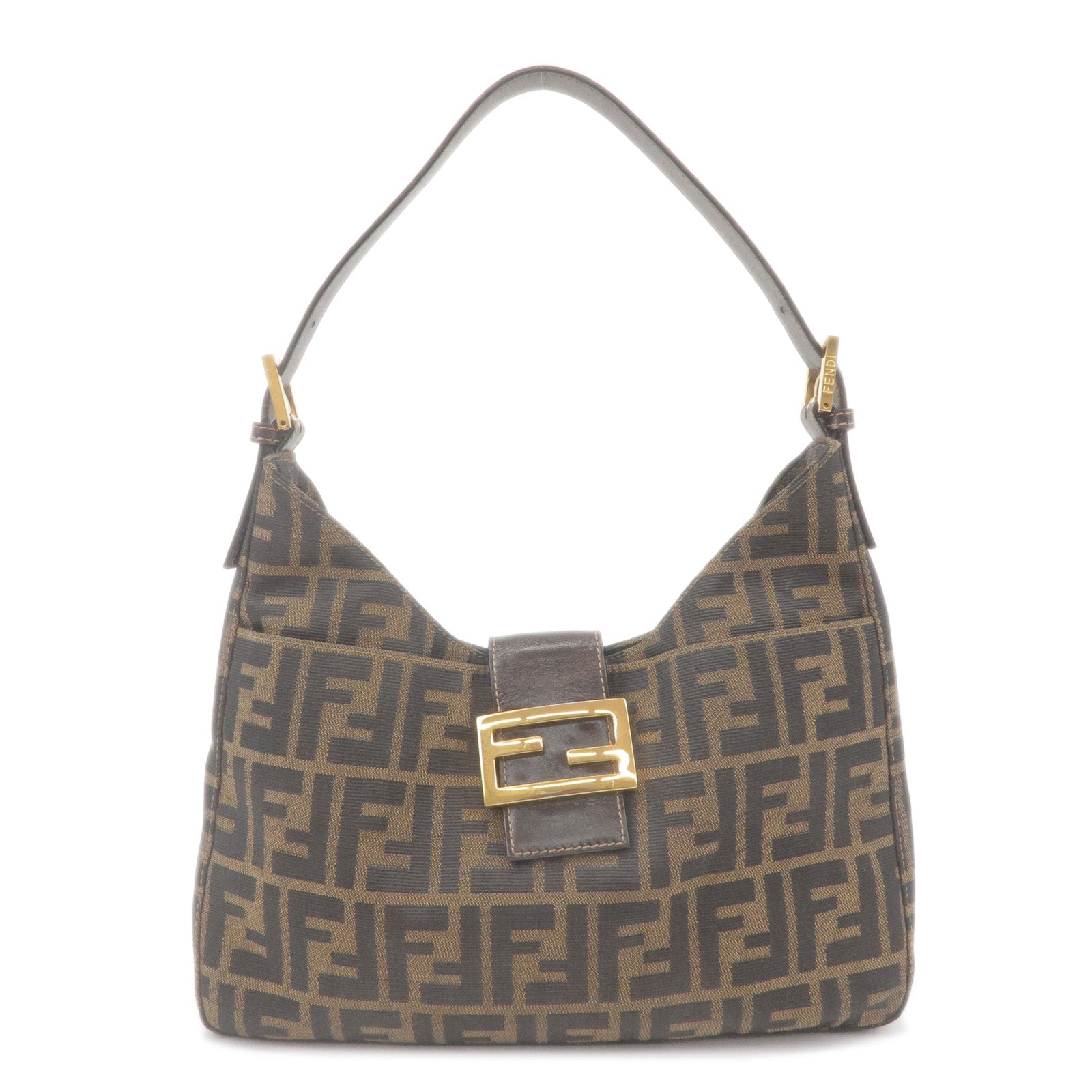 FENDI Zucca Canvas Leather Shoulder Bag Brown Black 26569