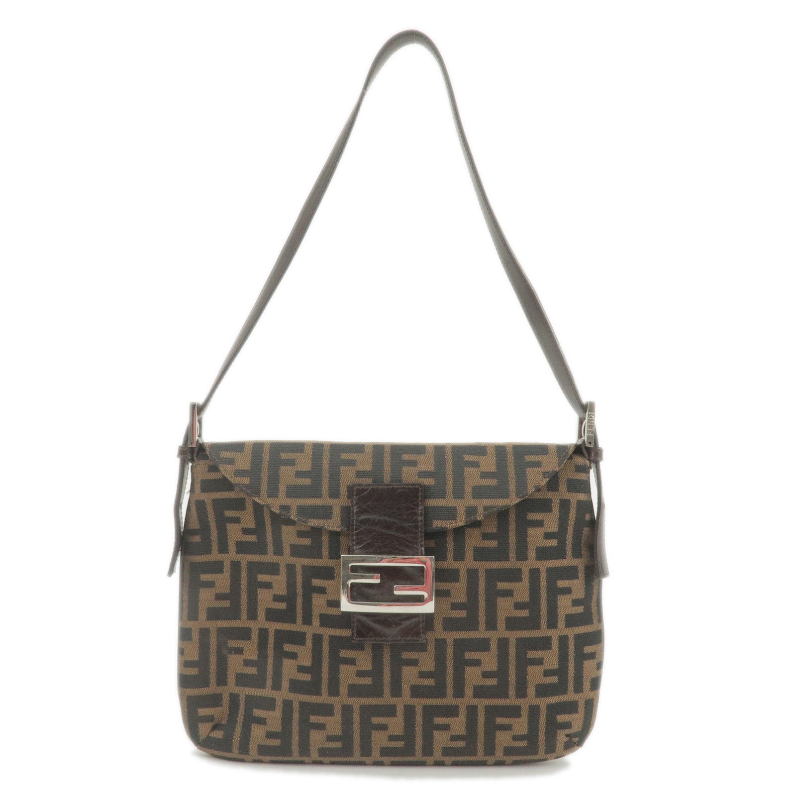 FENDI Zucca Print Canvas Leather Shoulder Bag Khaki Black
