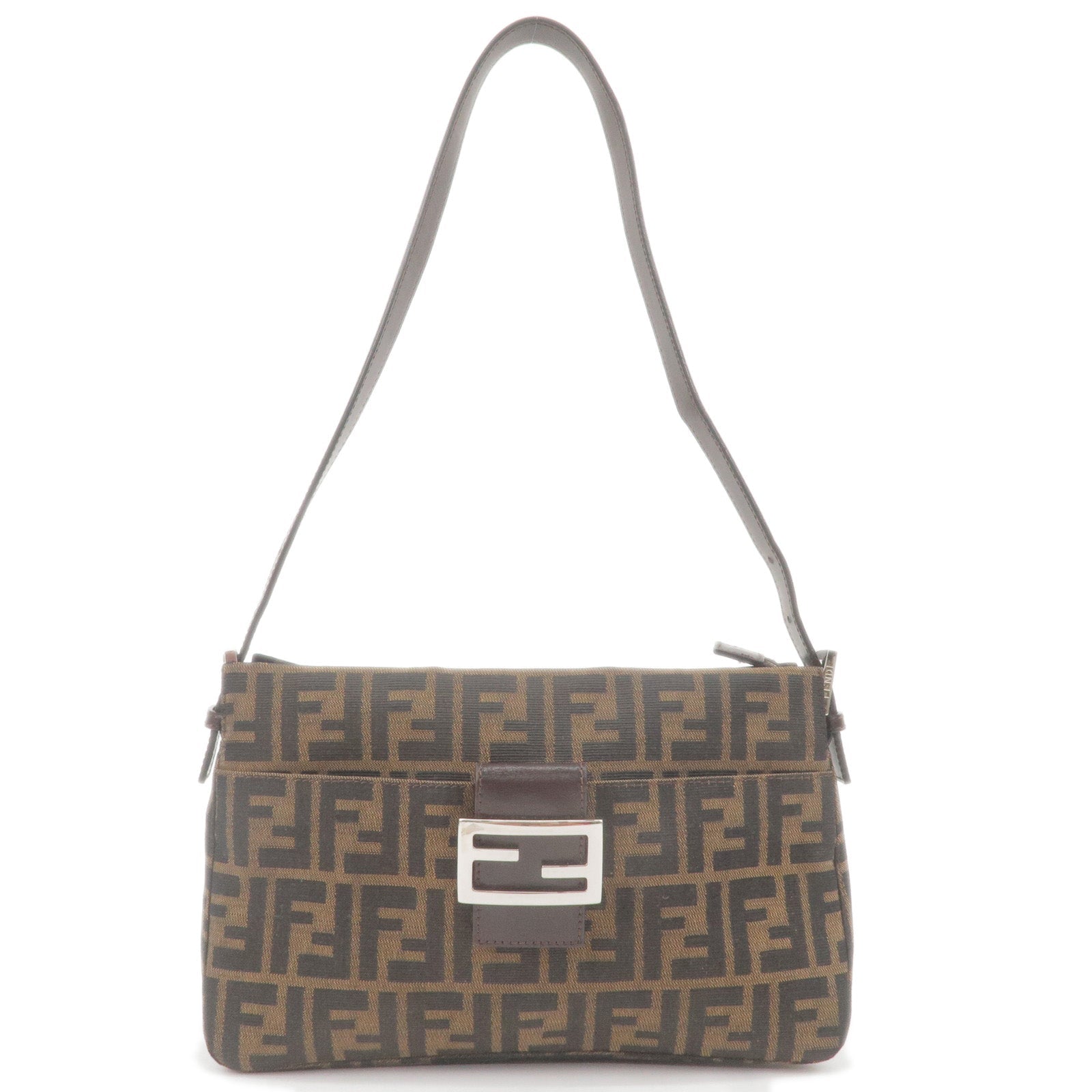 FENDI Zucca Canvas Leather Shoulder Bag Brown Black 26566