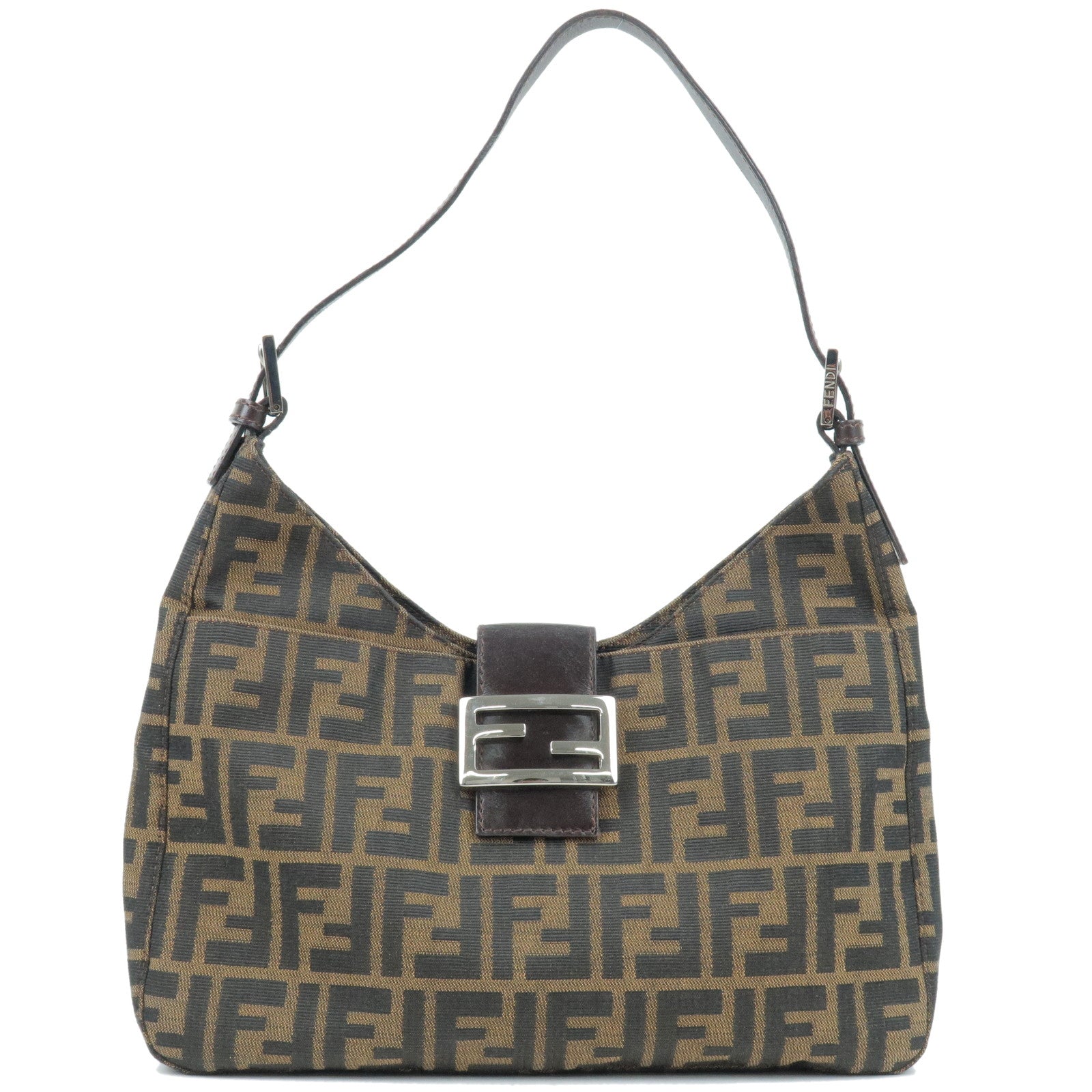 FENDI Zucca Canvas Leather Shoulder Bag Brown Black 26569