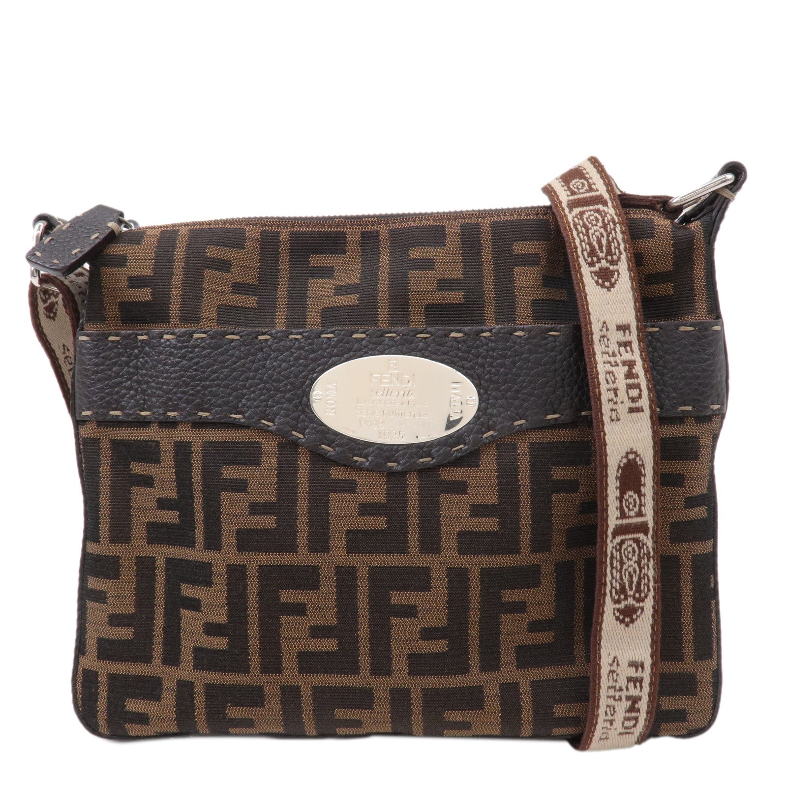FENDI Zucca Selleria Canvas Leather Shoulder Bag Brown 8BT092